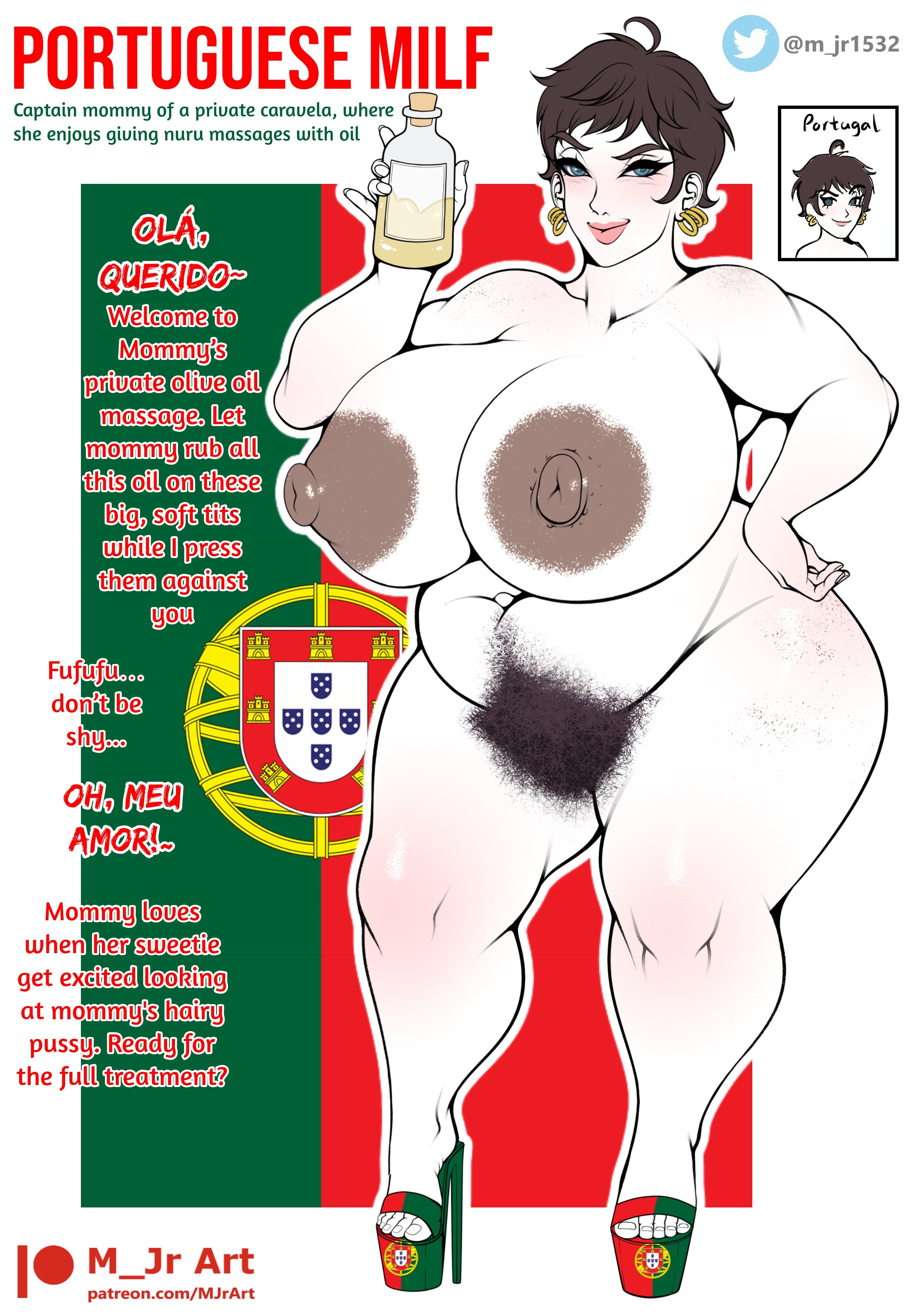1girls, areolae, breasts, breasts bigger than head, brunette, chubby, chubby belly, chubby female, dark areola, dark nipples, dialogue, earrings, excessive pubic hair, female, female only, female pubic hair, green eyes, hairy pussy, high heels, huge breasts, large areolae, large breasts, m jr art, milf, naked, naked female, naked footwear, navel, nipples, pale skin, pale-skinned female, personification, pixie cut, platform heels, portuguese flag, pubic hair, short hair, thick thighs, tomboy, tomboy milf, white skin, white skinned female, wide hips, world cup