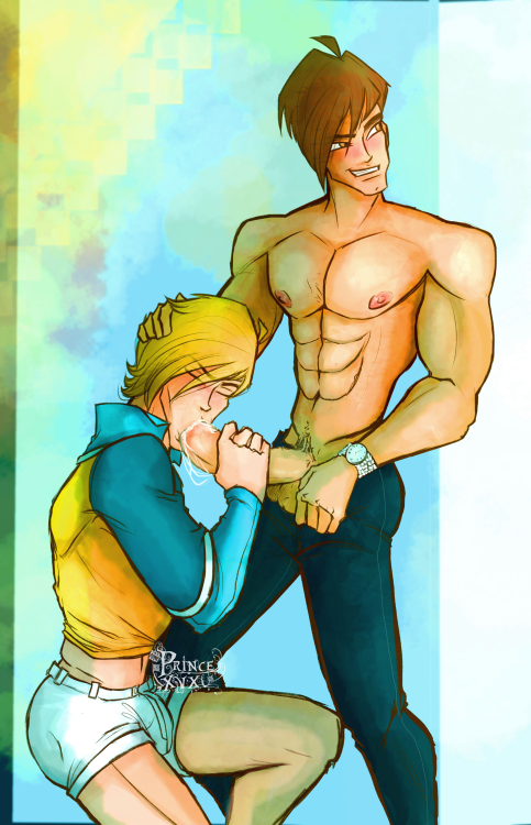 2boys, abs, blonde hair, blowjob face, blue background, brandon (winx club), brown hair, bulge, closed eyes, cock gobble, cock hungry, cum hungry, cum in mouth, english text, erect nipples, erection, gay, giving head, going down on, hand on head, holding penis, knob polishing, large penis, lilprincyvi, looking away, male, male only, nipples, oral, oral sex, orgasm from oral, pants open, pecs, penis, penis in mouth, penis out, penis under clothes, princexvx, shorts, sky (winx club), stealth fellatio, sucking, sucking off, winx club, wristwatch, yaoi