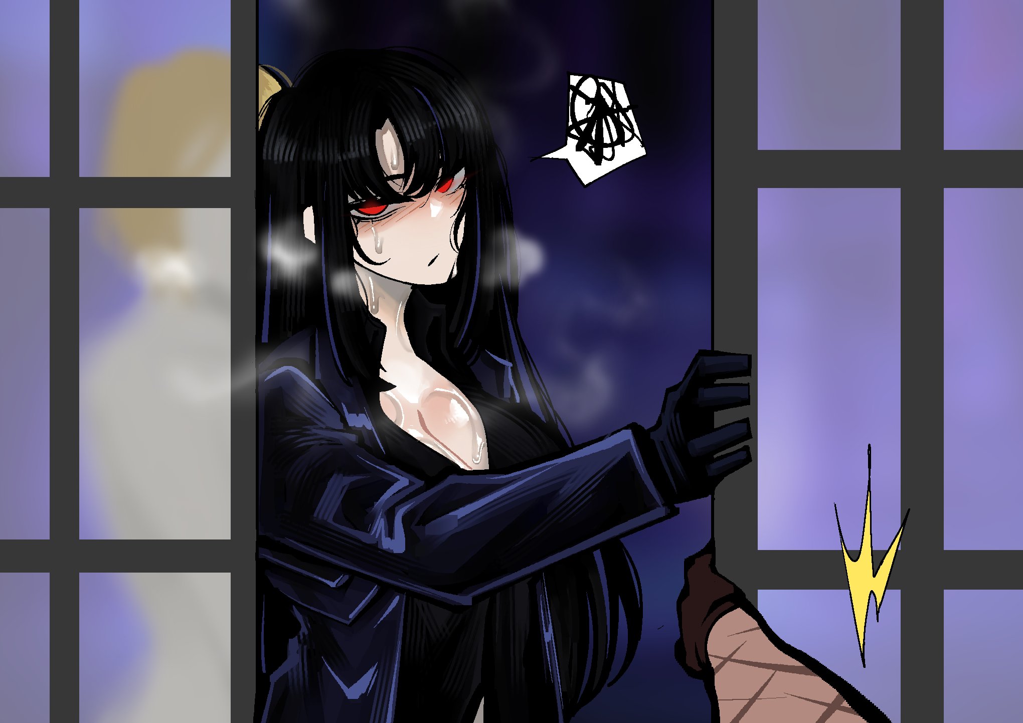 1boy, 1boy1girl, 1boys, 1girl, 1girls, 2d, 2d (artwork), annoyed, annoyed expression, blush, blushing, caught, caught in the act, cleavage, clothed, clothed female, clothed female nude male, clothed sex, eclipseecliptus, fucked from behind, heathcliff (limbus company), hidden sex, high resolution, highres, indoors, indoors sex, light skin, light-skinned female, light-skinned male, limbus company, long hair, naked male, open door, project moon, red eyes, ryoshu (limbus company), secret sex, sex, sex from behind, sexy female, shoji, sinclair (limbus company), sliding doors, smaller male, straight, straight sex, sweat, sweatdrop, sweating, sweaty, sweaty breasts, taken from behind