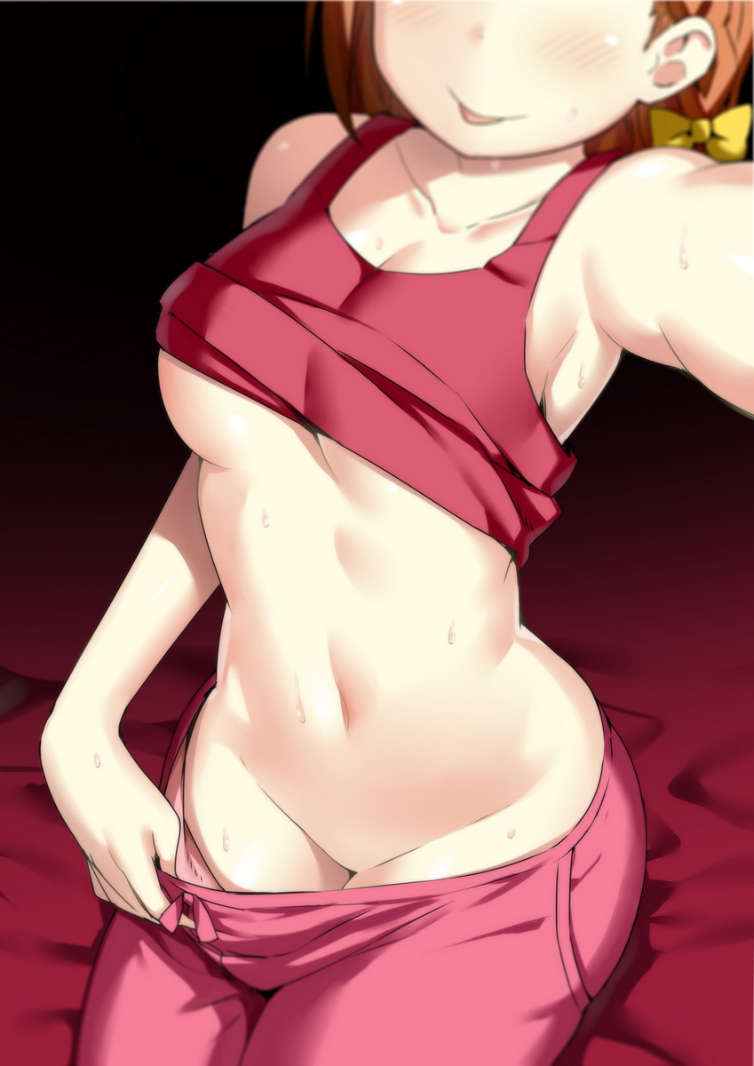 1girls, armpits, bangs, bare arms, bare shoulders, blurry, blush, bow, braid, breasts, cleavage, closed mouth, collarbone, cowboy shot, depth of field, female, hairbow, head out of frame, highres, love live!, love live! sunshine!!, medium breasts, midriff, navel, no bra, no panties, on bed, orange hair, outstretched arm, pajamas, panties, pants, panty pull, pocket, pulled by self, red pants, self shot, shirt lift, short hair, side braid, single braid, sitting, sky (freedom), sleeveless, solo, stomach, sweat, takami chika, tank top, tied hair, tongue, tongue out, underboob, underwear, undressing, yellow bow