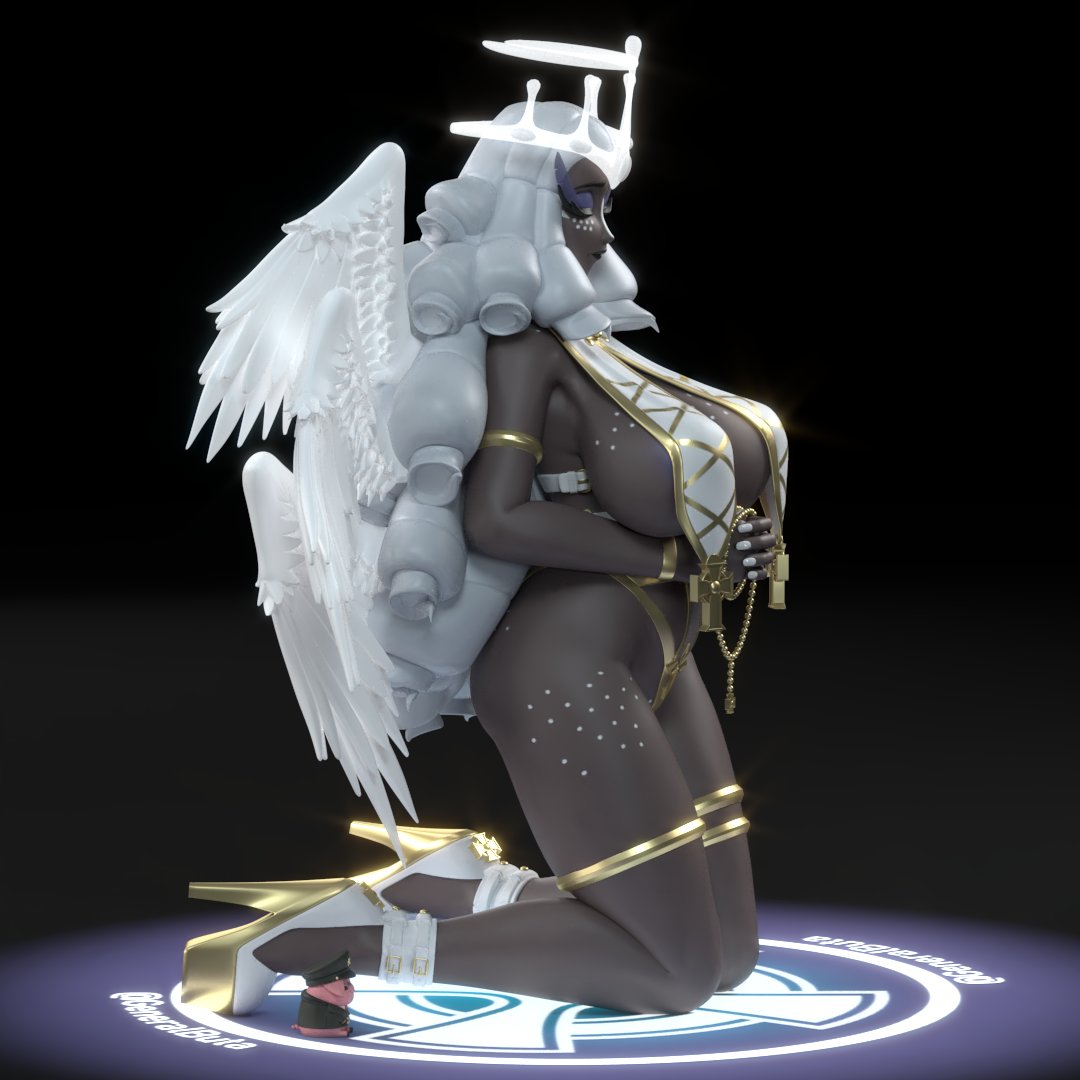 3d angel angel_wings breast_curtains christian_cross closed_eyes covered_nipples dark_skin freckles generalbuta high_heels kneeling sera_(hazbin_hotel)
