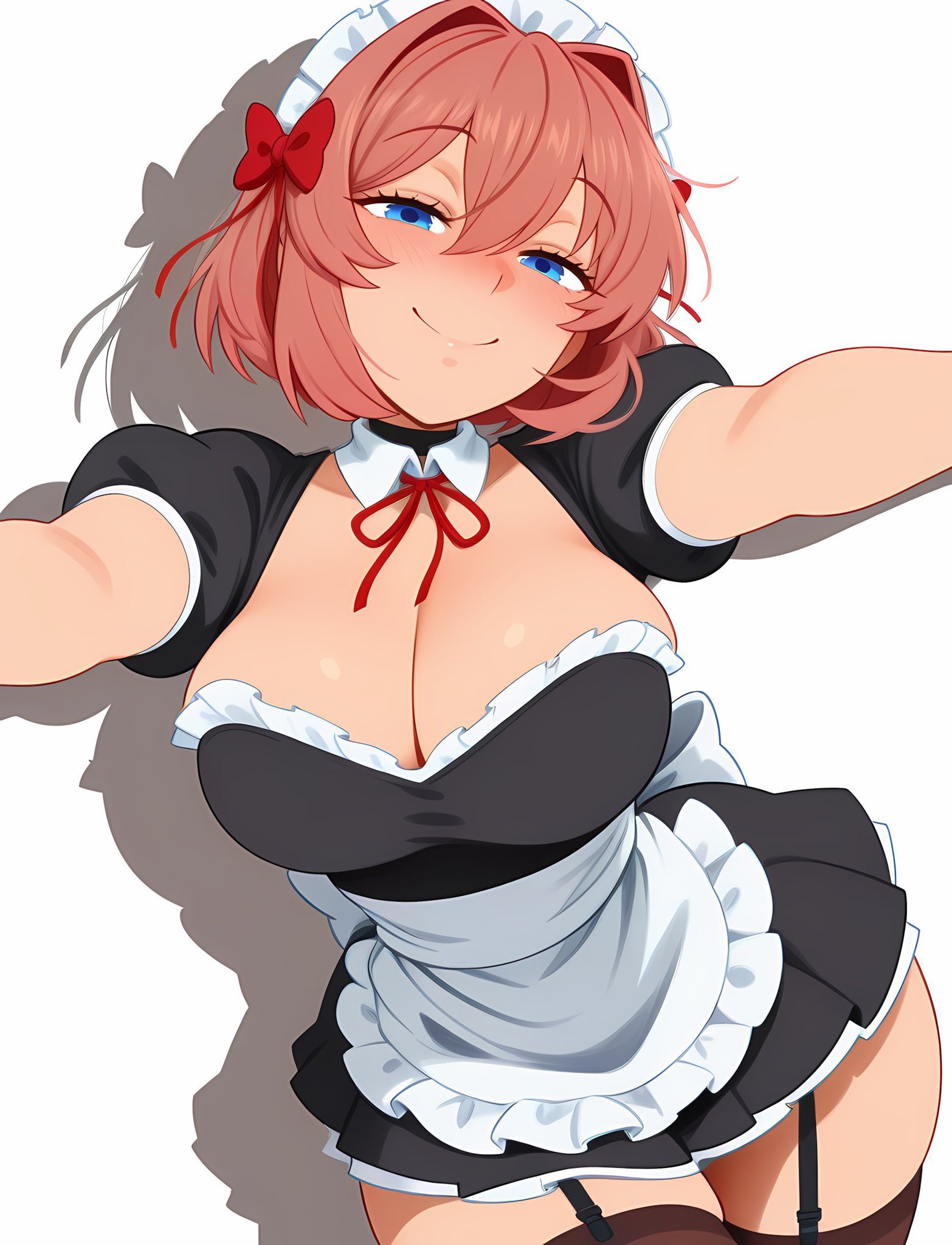 1female, 1girl, 1girls, 2026, ai, ai art, ai generated, ai-created, big breasts, blue eyes, boobs, breasts, ddlc, doki doki literature club, female, female focus, female only, human, human only, light skin, light-skinned female, looking at viewer, maid, maid headdress, maid outfit, maid skirt, maid stockings, maid uniform, open eyes, red hair, sayori (doki doki literature club), shadow, smile, smiling, smiling at viewer, stockings, team salvato
