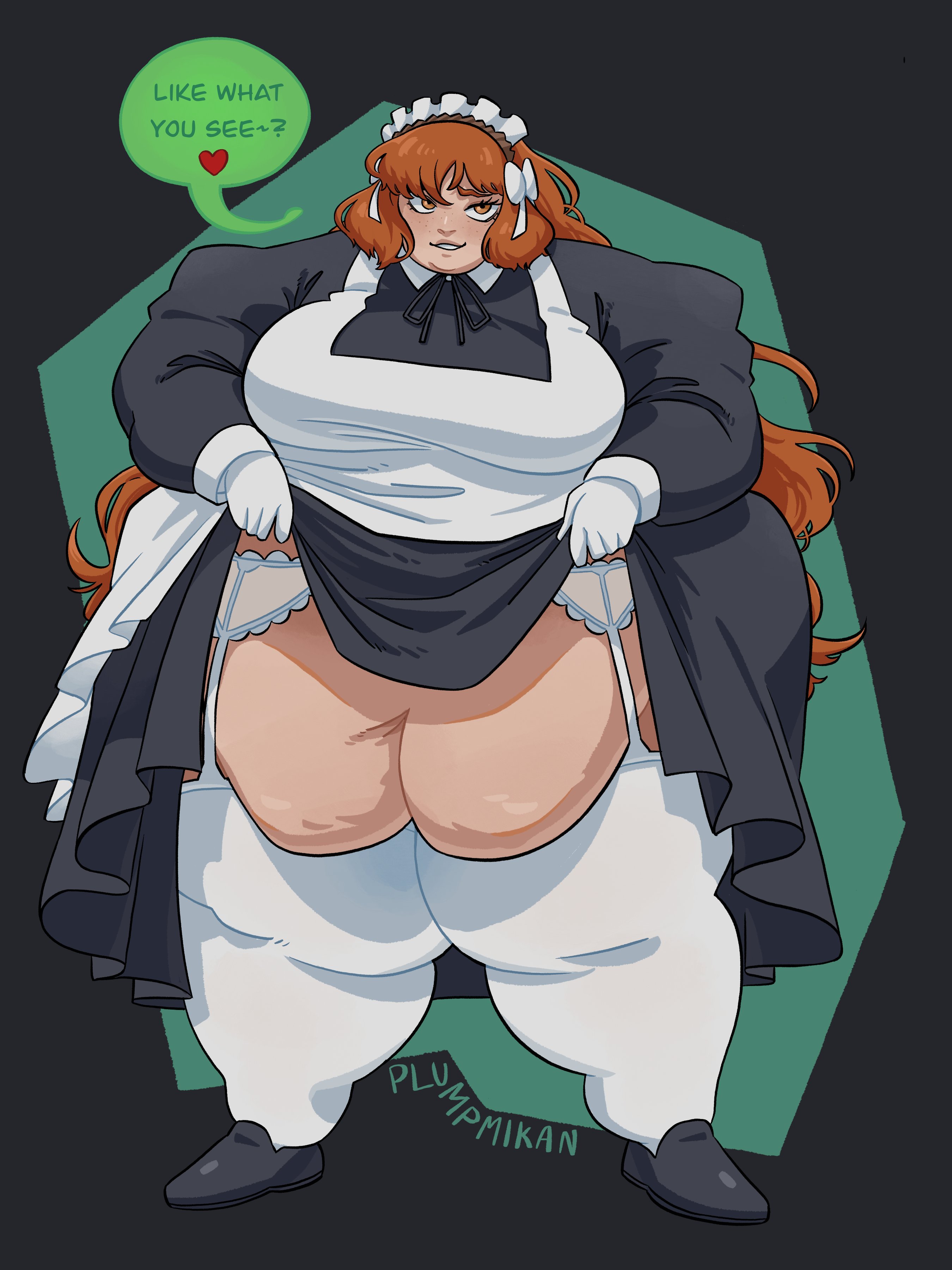 1girls, alternate body type, artist name, bbw, belly, belly exposed, bifurcated gunt, big belly, colored, dialogue, digital media (artwork), dress lift, english, english text, exposed belly, exposed navel, fat, fat arms, fat belly, fat female, fat fetish, fat thighs, female, female focus, female only, freckles, freckles on face, full-length portrait, fully clothed, garter straps, heart symbol, huge ass, huge belly, huge thighs, innie belly button, ishmael (limbus company), large thighs, limbus company, long hair, long hair female, looking at viewer, maid, maid headdress, maid outfit, maid uniform, obese, obese female, orange eyes, orange hair, overweight, overweight female, plumpmikan, project moon, round face, simple background, source request, speech bubble, ssbbw, talking, talking to viewer, teasing viewer, text, weight gain, white garter belt, white garter straps, white gloves, white stockings