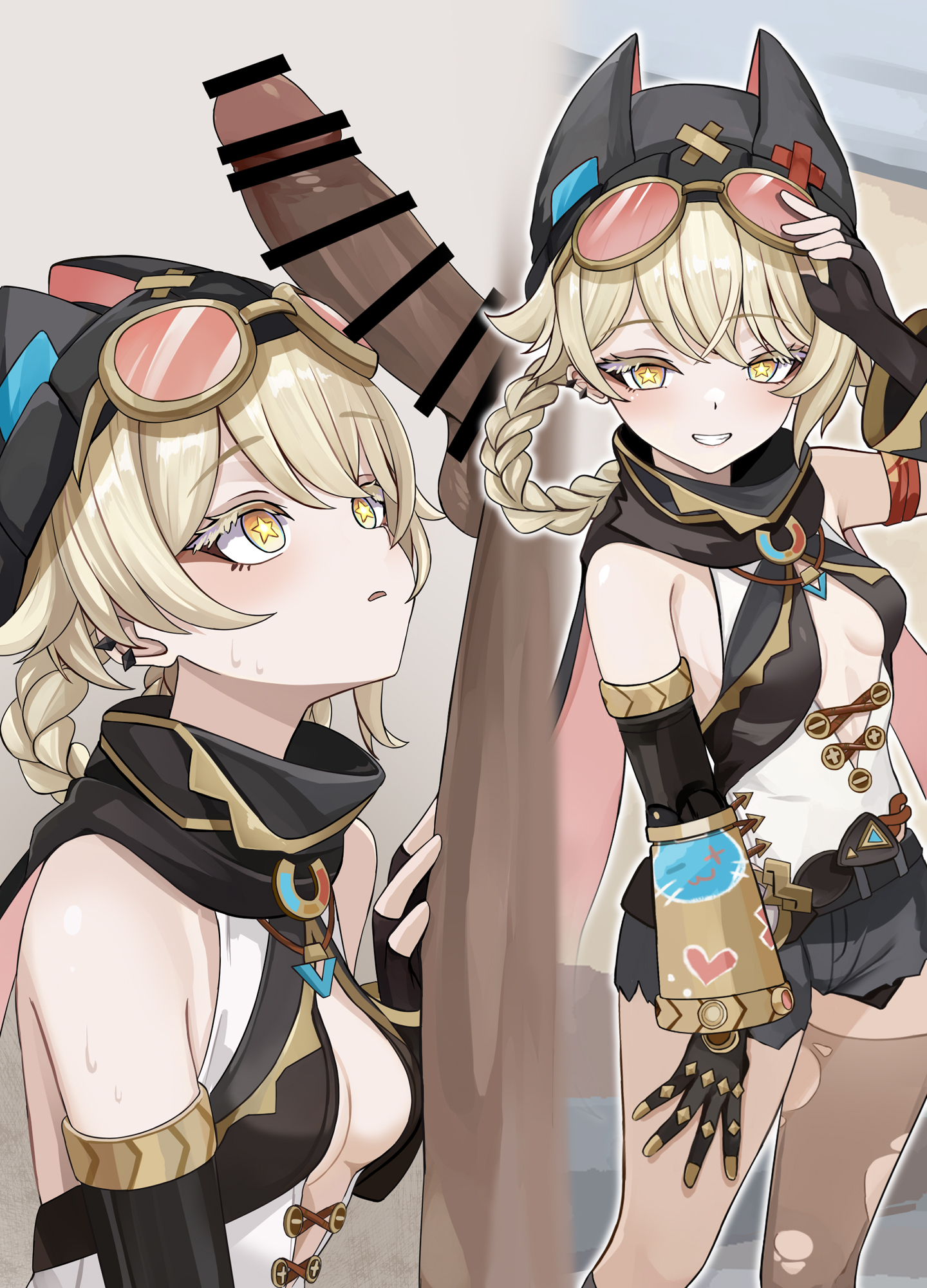 1boy, 1girl, bar censor, bare shoulders, black gloves, black shorts, blonde hair, blush, braid, breasts, censored, clothing, dark skin, dark-skinned male, erection, eyewear, eyewear on head, female, fingerless gloves, genshin impact, gloves, goggles, goggles on head, grin, hair rings, hat, hetero, jahoda (genshin impact), large penis, long hair, looking at penis, male, multiple views, parted lips, penis, penis awe, se34tai, short shorts, shorts, single thighhigh, small breasts, smile, solo focus, sweat, testicles, thighhighs, torn clothes, torn thighhighs, yellow eyes