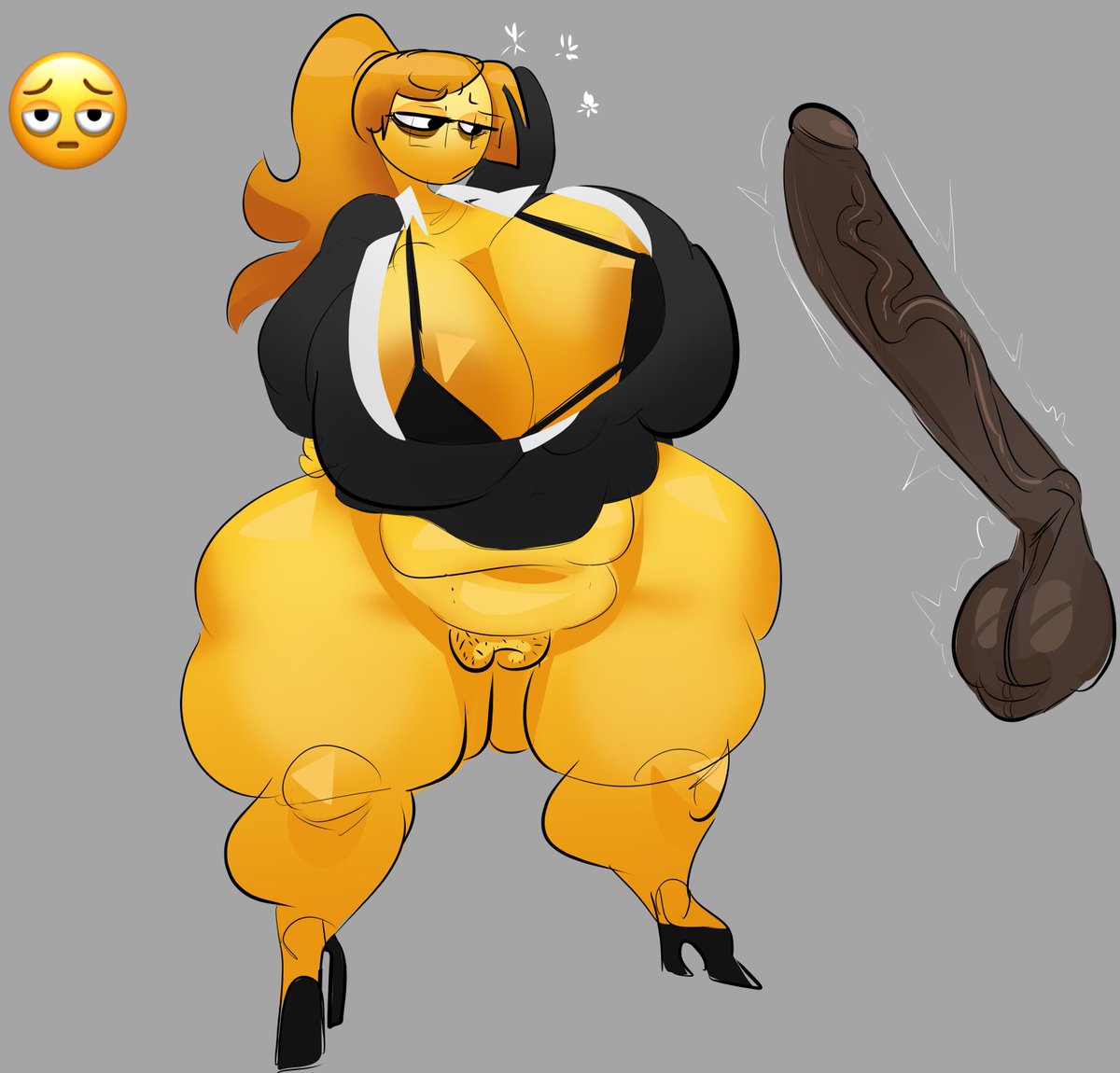 1boy, 1boy1girl, 1girl, 1girl1boy, 1girls, curvaceous, curvy, curvy female, curvy figure, dark skin, dark-skinned male, emoji, emoji (race), erection, fat ass, glasses, greaseyhair, heels, no panties, no pants, shirt, thighs, thighs bigger than head, tired, tired emoji girl, tired expression, tired eyes, tired look, tits, tits bigger than head, titties, visible bra, visible pussy