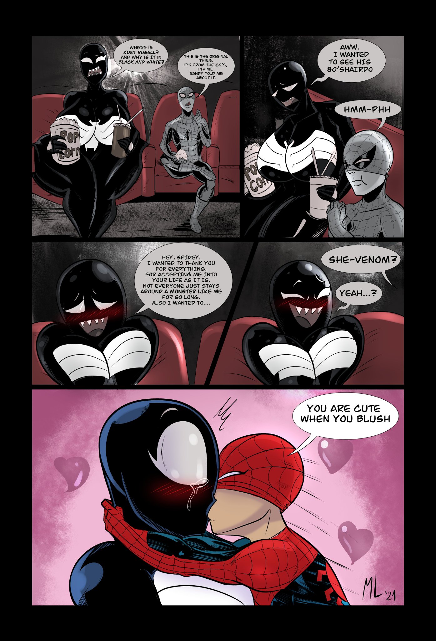 1boy, 1girls, 2021, absurd res, alien, alien humanoid, ameizing lewds, apple butt, ass, big breasts, black body, breasts, breasts bigger than head, bust, busty, comic, dialogue, duo, english text, fangs, female, good end, happy, hips, huge ass, huge breasts, huge butt, huge thighs, human, humanoid, large breasts, light skin, light-skinned male, male, male human/female alien, male human/female humanoid, mammal, marvel, marvel comics, mouth, multicolored body, nightmare waifu, open mouth, panels, peter parker, she-venom, she-venom (ameizing lewds), smile, smooth skin, snu-snu, speech bubble, spider-man, spider-man (series), straight, symbiote, teeth, text, thick thighs, two-tone body, venom, venom (marvel), wholesome, wide hips