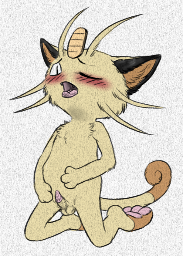 1boy anatomically_correct animal_genitalia barbed_penis blush feet feline kneeling male_only mammal meowth nintendo nude one_eye_closed open_mouth paws pencil_(artwork) penis pokemon pokemon_(species) python13rp simple_background small_penis solo tapering_penis testicles tongue tongue_out traditional_media_(artwork) video_games whiskers white_background white_fur yaroul