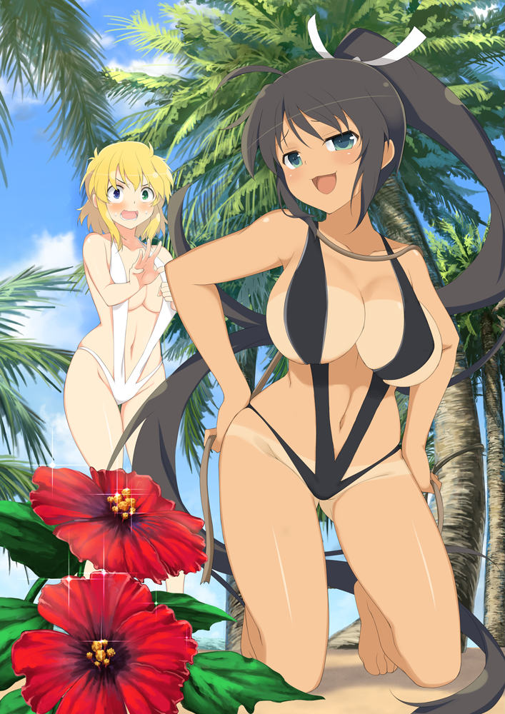 2girls, aqua eyes, bikini, black hair, blonde hair, blue eyes, blush, body swap, breasts, card (medium), female, green eyes, homura (senran kagura), open mouth, ponytail, ryouna (senran kagura), senran kagura, short hair, tanline, tied hair, yaegashi nan