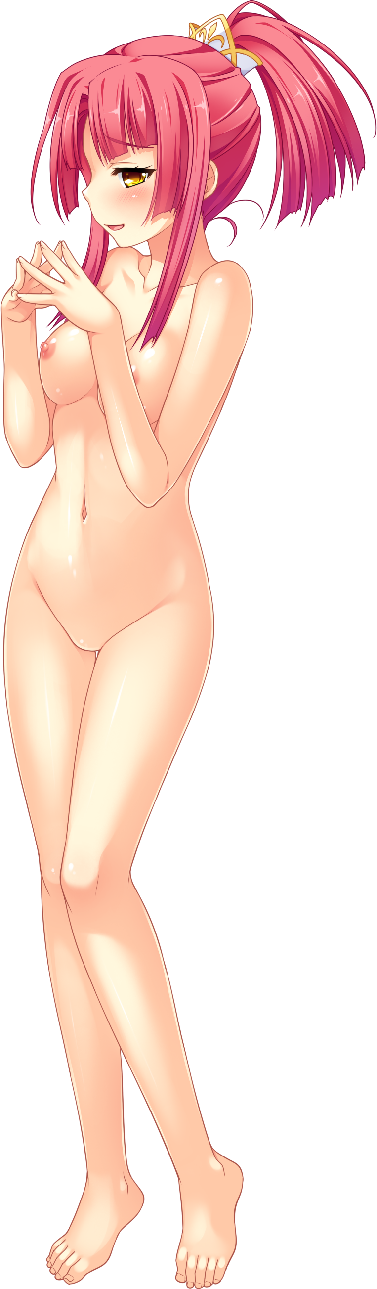 absurdres barefoot blush breasts chinese_girl female fingers_together full_body high_ponytail highres koihime†_(series) koihime_musou kousonsan_hakukei long_hair navel nipples no_pussy nude open_mouth pink_hair saeki_hokuto small_breasts solo transparent_background yellow_eyes