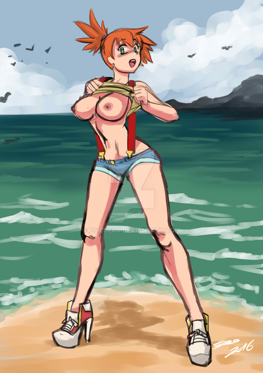 1girls, areolae, bare shoulders, beach, belly, blush, breasts, breasts out, day, eyelashes, female, female only, flashing, green eyes, high heels, holding, human, human only, kasumi (pokemon), looking at viewer, midriff, navel, nintendo, nipples, open mouth, orange hair, outdoors, pokemon, psicoero, shirt, shirt lift, shoes, short hair, shorts, side ponytail, sky, smile, solo, standing, suspenders, teeth, text, tongue, water, watermark