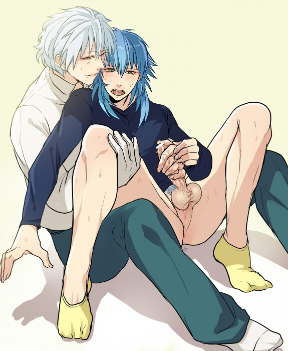 2boys ass ass_juice blue_hair bottomless clear_(dramatical_murder) cum dramatical_murder erection hiki_yuichi male_only multiple_boys penis penis_grab seragaki_aoba silver_hair sitting socks testicles yaoi