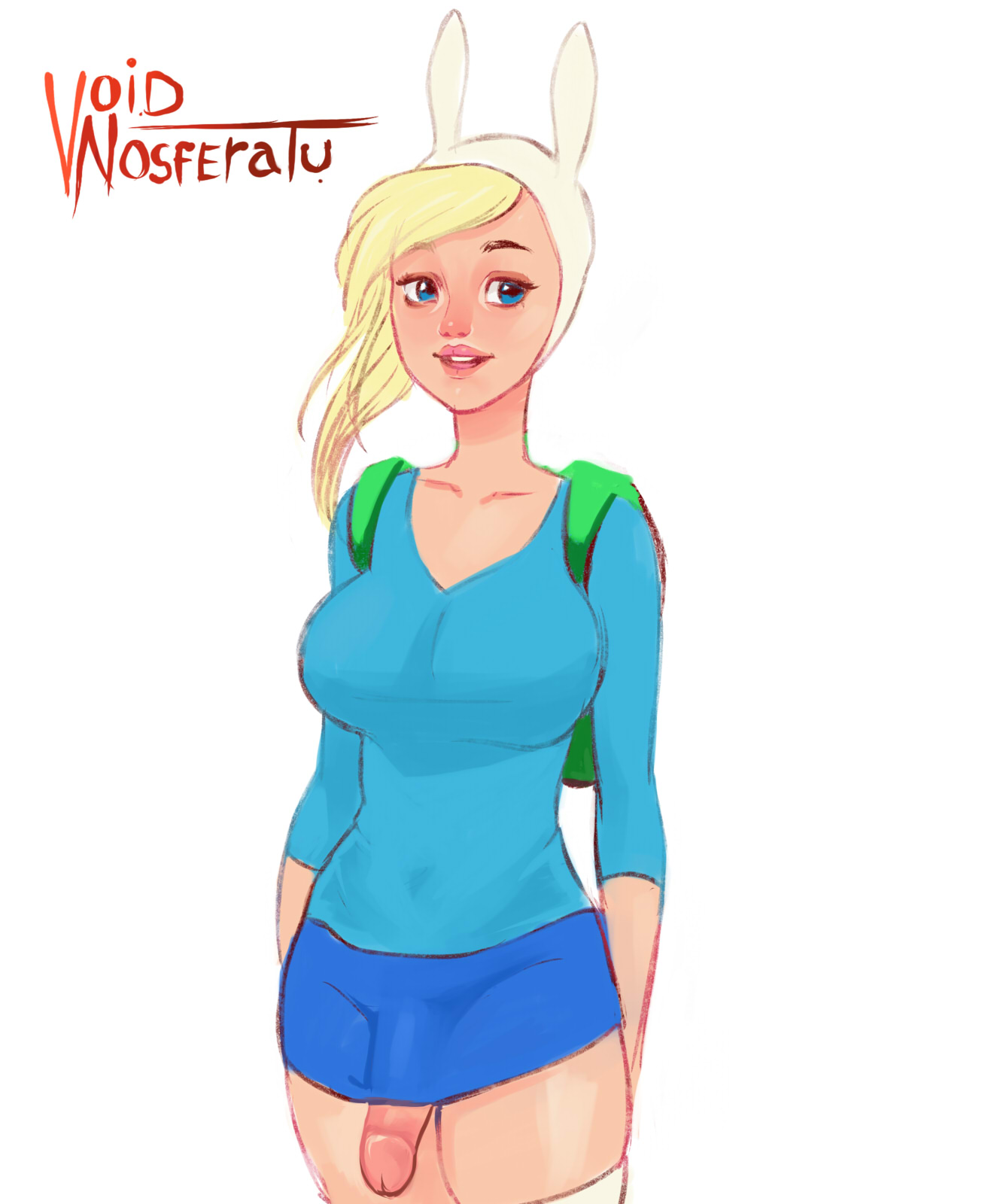1futa, adventure time, backpack, bag, blonde hair, blue clothing, blue eyes, blue shirt, blue skirt, bunny ears, bunny hood, canon genderswap, cartoon network, female, fionna the human girl, futa only, futanari, human, intersex, penis, penis tip, penis under skirt, simple background, solo, solo futa, voidnosferatu, white background