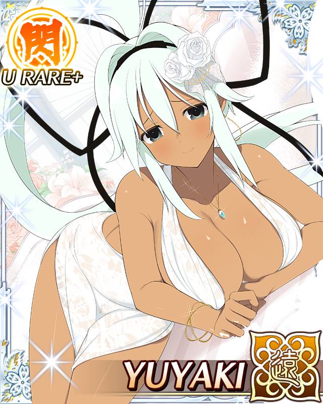 blush breasts card_(medium) grey_eyes ponytail senran_kagura smile tanline tied_hair white_hair yaegashi_nan yuyaki_(senran_kagura)