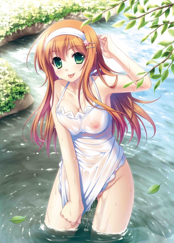 '&'_-sora_no_mukou_de_sakimasu_you_ni- :p bathing breasts cleavage female green_eyes hair_ornament hairband hairclip haruki_urara leaf medium_breasts nipples no_bra no_panties official_art orange_hair river saeki_hokuto see-through tongue tongue_out water wet