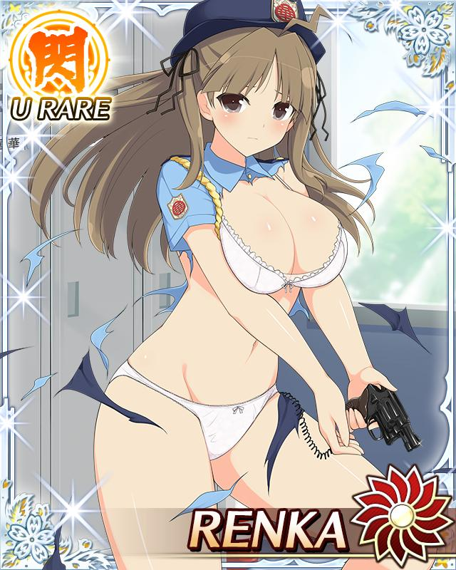 bra breasts brown_hair card_(medium) grey_eyes gun hat long_hair panties police_uniform renka_(senran_kagura) senran_kagura weapon yaegashi_nan