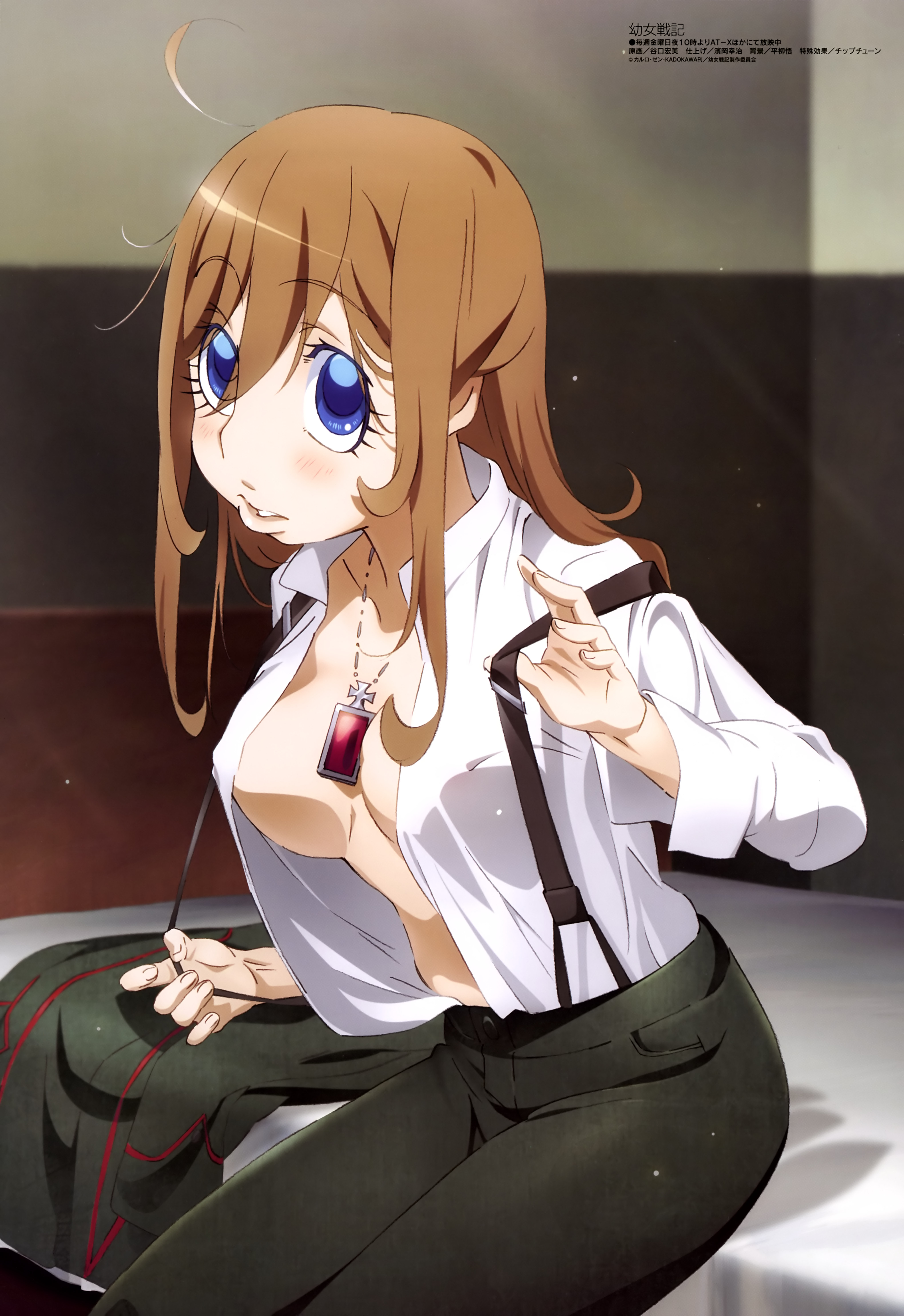 big breasts, blue eyes, blush, breasts, clothes, female, looking at viewer, necklace, official art, viktoriya ivanovna serebryakov, youjo senki