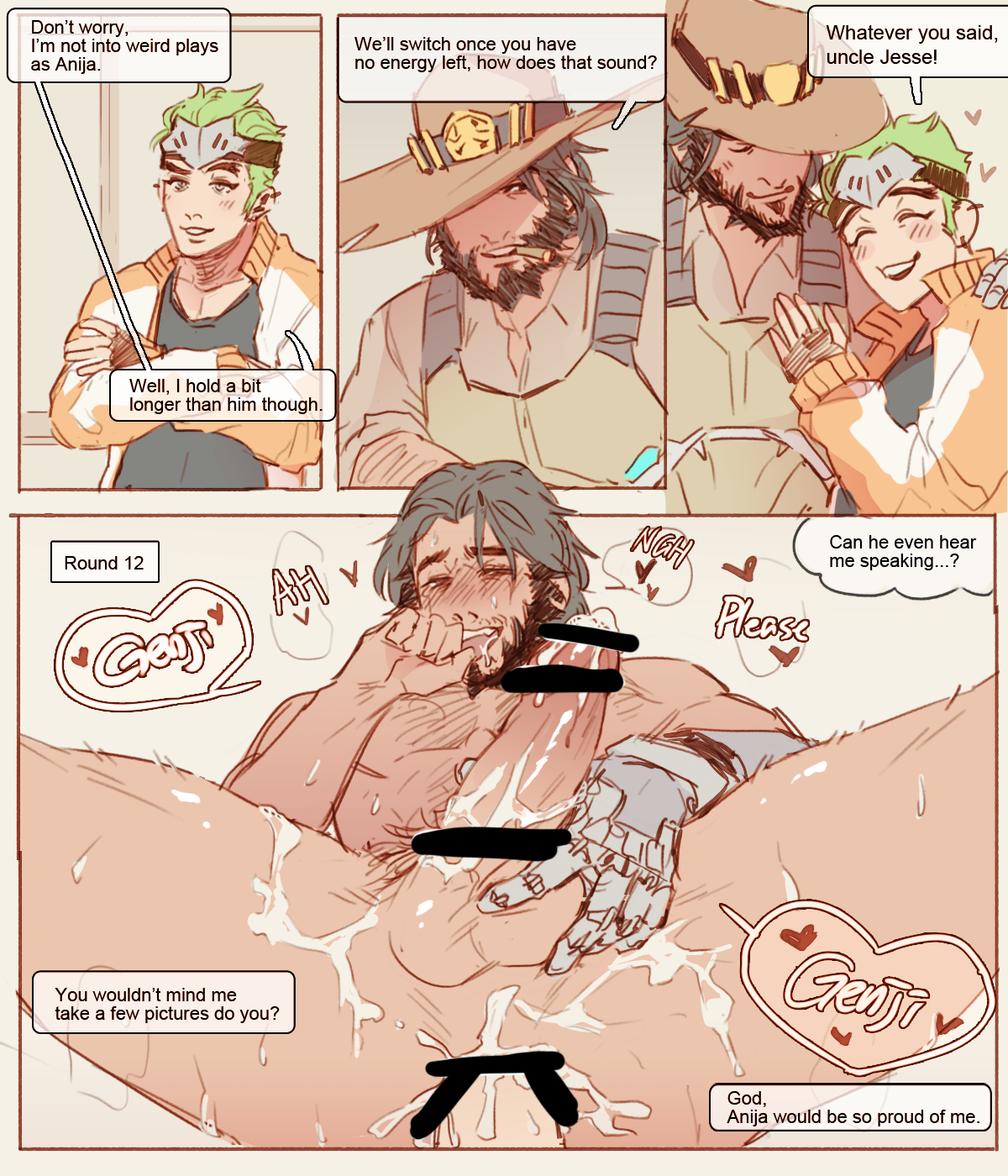 2boys, age difference, anal, bara, beard, body hair, censored, cole cassidy, cum, english, erection, facial hair, francishsie, gay, genji, green hair, heart, heart eyes, male, male only, multiple boys, multiple males, muscles, naughty face, nude, overwatch, penis, sex, text, yaoi