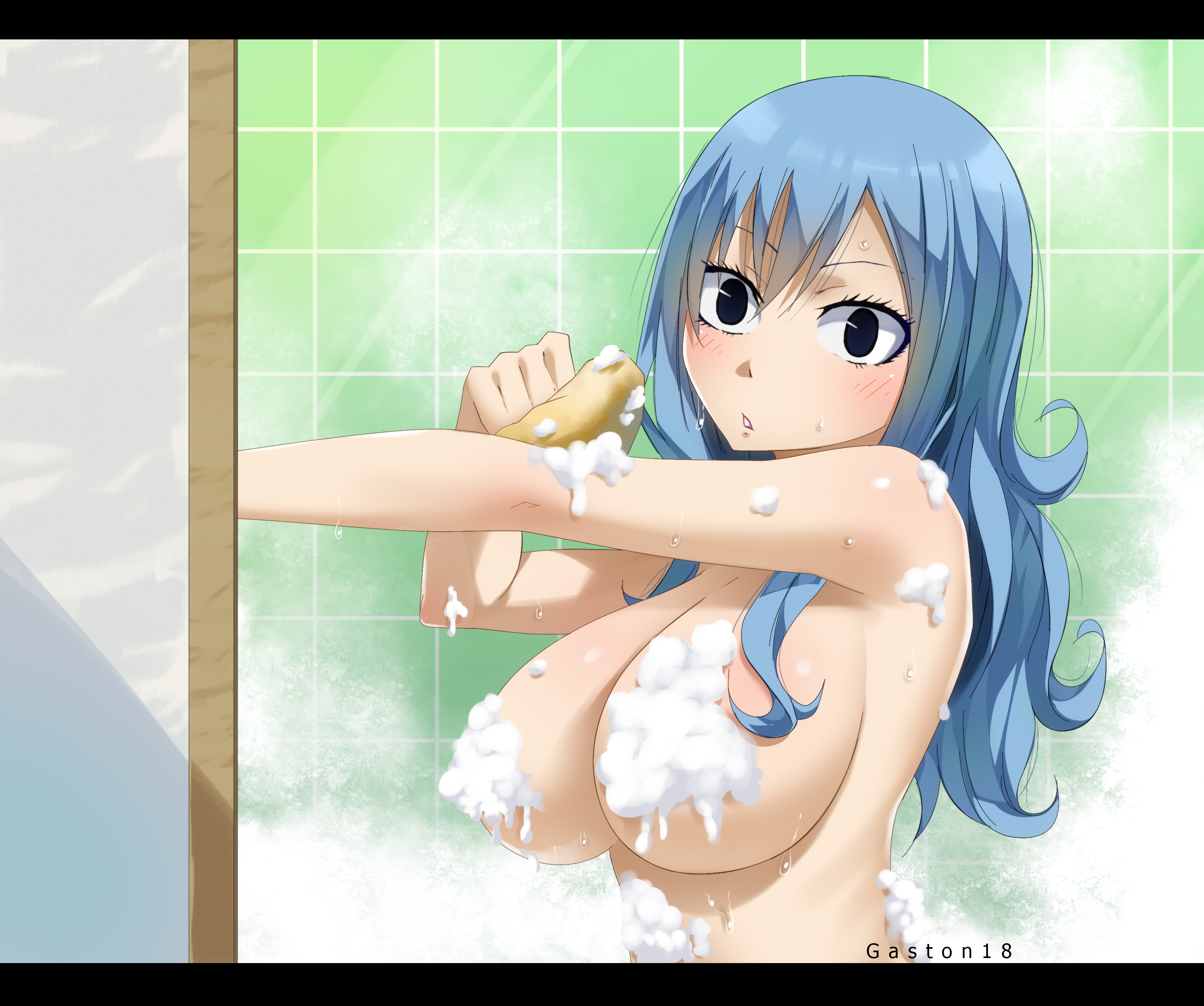 1girls, 2017, areolae, bathing, bathroom, big breasts, blue eyes, blue hair, blue-haired female, blush, breasts, convenient censoring, eyebrows, eyelashes, fairy tail, female, female only, gaston18, hair, huge breasts, juvia lockser, large breasts, long hair, looking at viewer, nipples, nude, shiny, shiny skin, shower, solo, upper body, wet