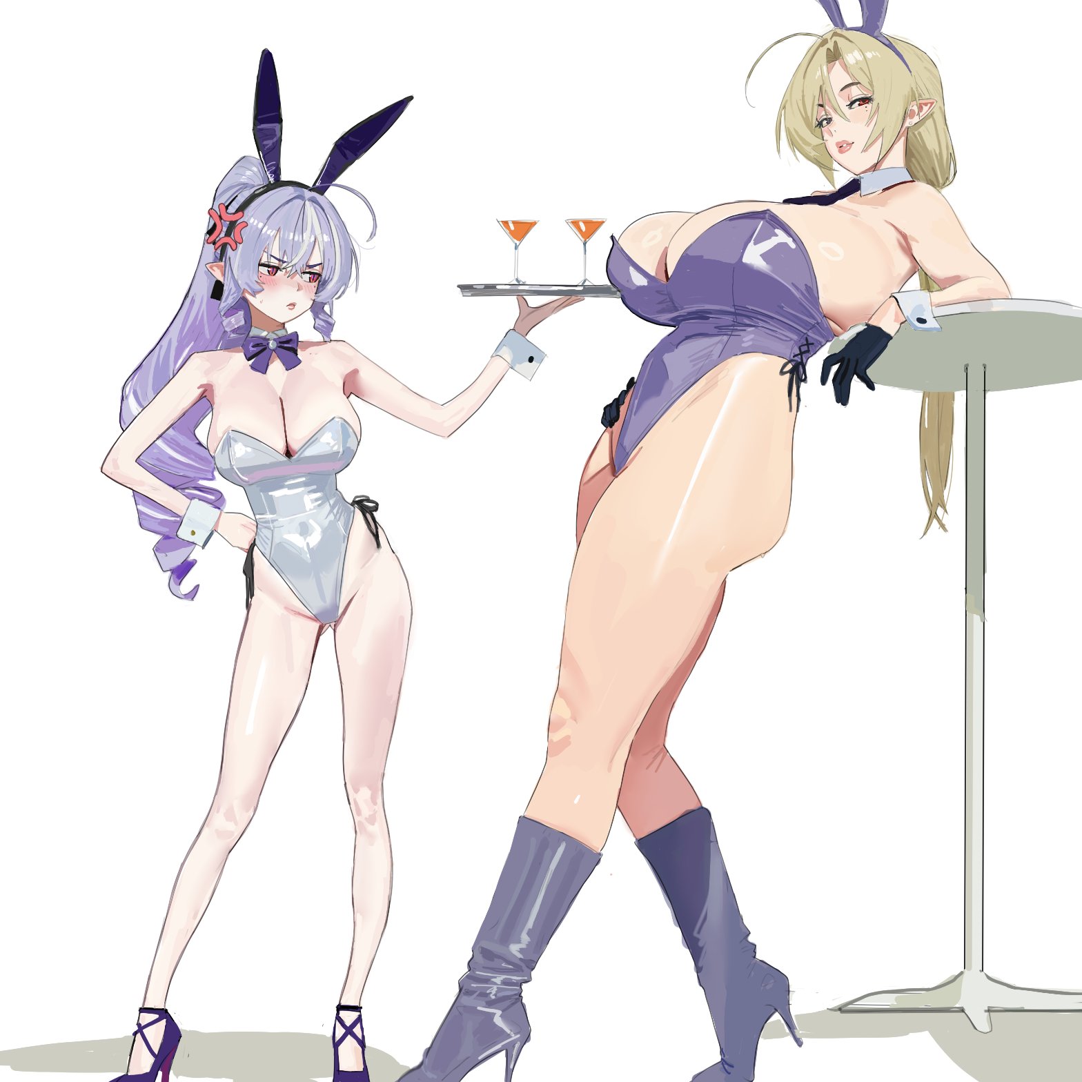 2girls, angry, angry expression, angry face, animal ears, bare legs, big breasts, blonde female, blonde hair, blush, blushing, blushing female, breasts, breasts bigger than head, bunny ears, bunnysuit, cleavage, cocktail, covered navel, drink, elf ears, embarassed, embarassed female, female, genderswap, genderswap (mtf), gloves, gray hair, hand on own hip, heel boots, heels, high heeled boots, high heels, highleg, highleg leotard, hintobento, holding object, holding plate, hourglass figure, hourglass figured female, huge breasts, hugo vlad, knees, large breasts, latex boots, legs, leotard, lips, long hair, looking at viewer, louboutin (shoes), navel visible through clothes, pantyhose, pointy ears, ponytail, red bottom heels, red eyes, revealing clothes, rule 63, seductive, seductive body, seductive female, seductive look, shiny boots, shiny breasts, shiny skin, side ass, sideboob, skindentation, skinny, skinny female, small female, smaller female, stiletto heels, strappy heels, taller female, thick legs, thick thighs, thighs, vivian (zenless zone zero), vivian banshee, voluptuous female, white background, white pantyhose, wide hips, zenless zone zero