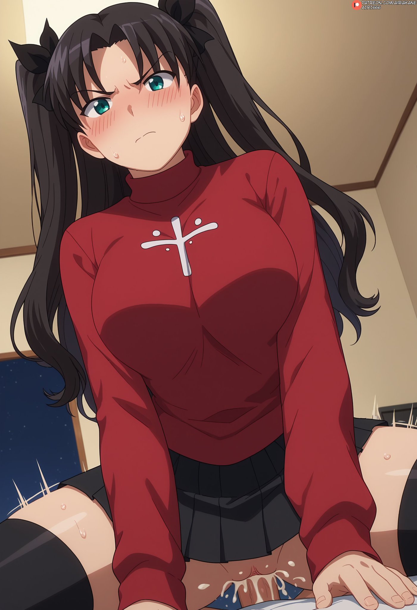 1boy, 1girls, ai generated, airiakane, angry expression, bare thighs, big penis, black hair, blue eyes, blush, breasts, cowgirl position, cum, cum inside, fate (series), fate/stay night, female, gigantic breasts, huge breasts, huge cock, huge thighs, light skin, light-skinned female, light-skinned male, looking down, male, massive breasts, nai diffusion, no panties, penis, pussy, sex, skirt, squatting, stockings, sweat, sweatdrop, thick body, thick female, thick thighs, thighhighs, thighs, thighs bigger than head, tohsaka rin, twintails, vaginal penetration, veiny penis, voluptuous, voluptuous female