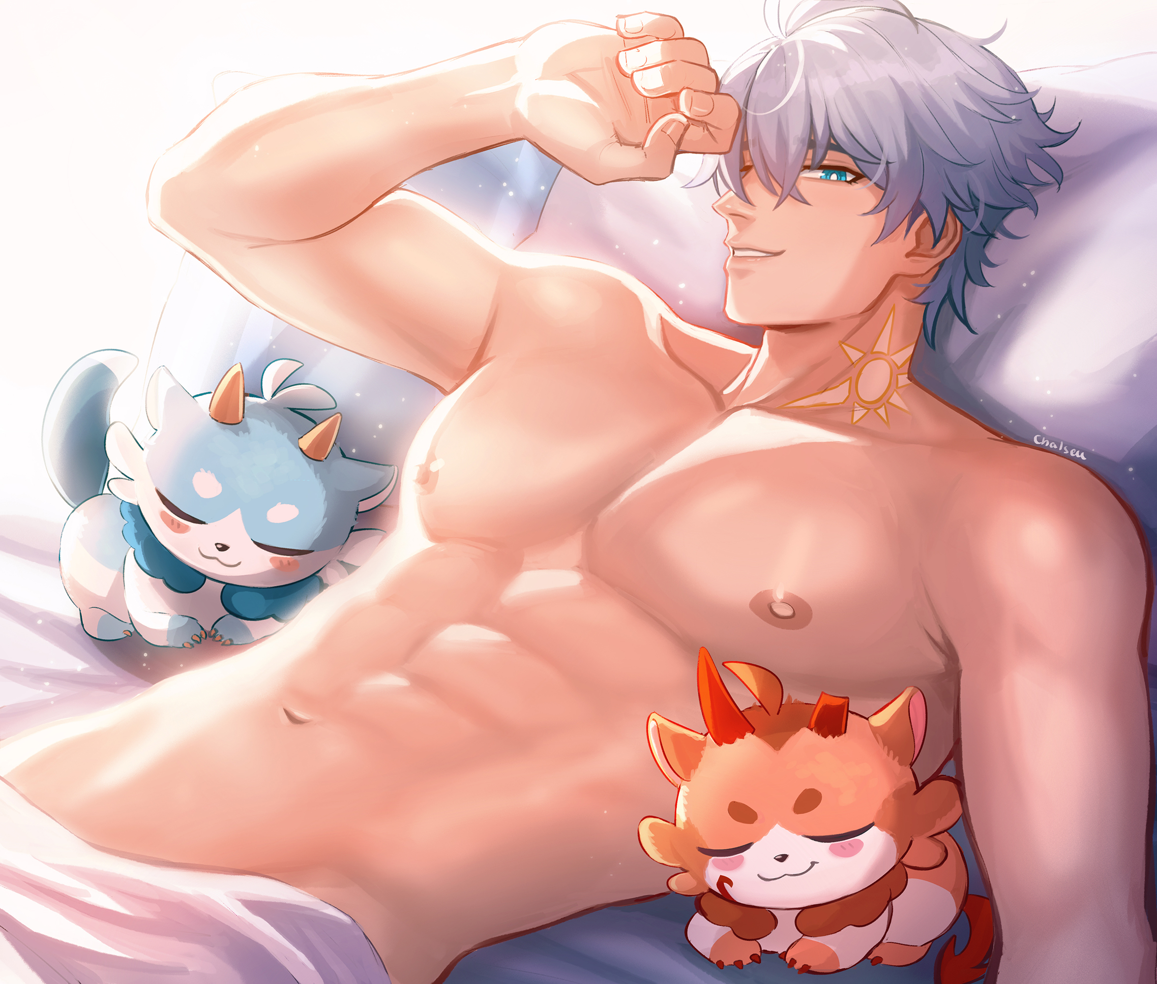 1boy, abs, belly button, blue eyes, buff, gay, gay male, honkai: star rail, laying down, laying on back, laying on bed, light skin, light-skinned male, looking at viewer, male, male only, muscles, muscular, muscular male, nipples, no visible genitalia, phainon (honkai: star rail), shirtless, shirtless male, smile, smiling, smiling at viewer, solo, sombre slahc, white hair, yaoi