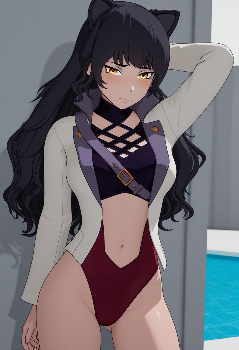 ai generated, bangs, bare legs, black hair, blake belladonna, blush, camel toe, cameltoe, cat ears, clothing, exposed midriff, female, female only, hand behind head, jacket, long hair, navel, one-piece swimsuit, open jacket, pool, poolside, posing, pussy, rwby, shading, solo, swimsuit, tagme, thighs, yellow eyes