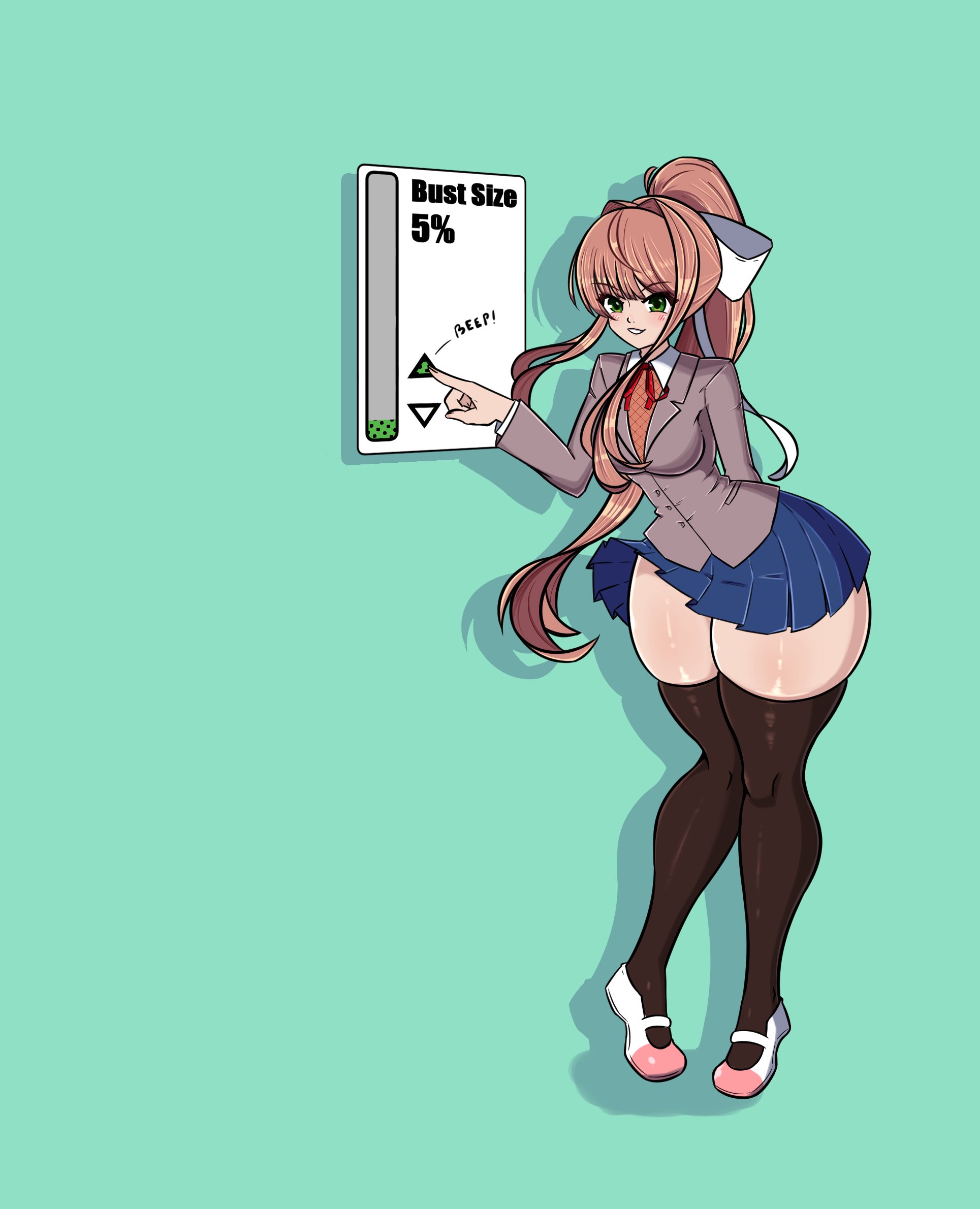 1girls, 2023, attribute slider, bent over, blazer, blue skirt, breast expansion, breast growth, breast growth (enlargement), breast slider, breasts, brown hair, color, doki doki literature club, female, female only, green eyes, handytits, hi res, high resolution, highres, human, human only, long hair, looking at viewer, monika (doki doki literature club), pleated skirt, ponytail, school uniform, sequence, simple background, skirt, slider, smile, smiling, smiling at viewer, solo, solo female, thick thighs, thighhighs, white bow, wide hips