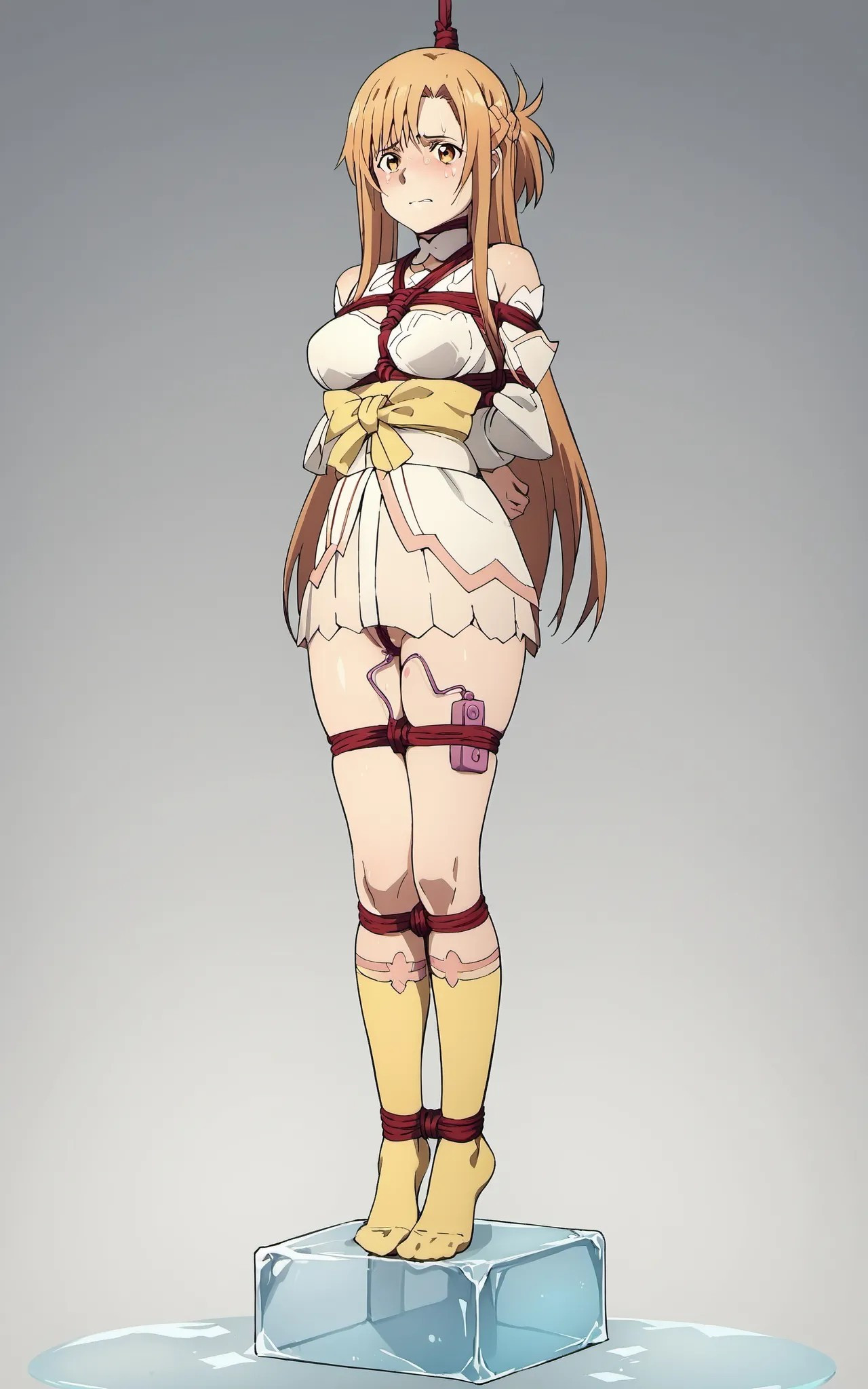 ai generated, asphyxiation, asuna (sao), asuna yuuki, bondage, clothed, expression, female, hanged, ice, noose, peril, predicament bondage, pussy, rope bondage, scared, snuff, standing on toes, sword art online, tears, vibrator in pussy, worried, yuuki asuna
