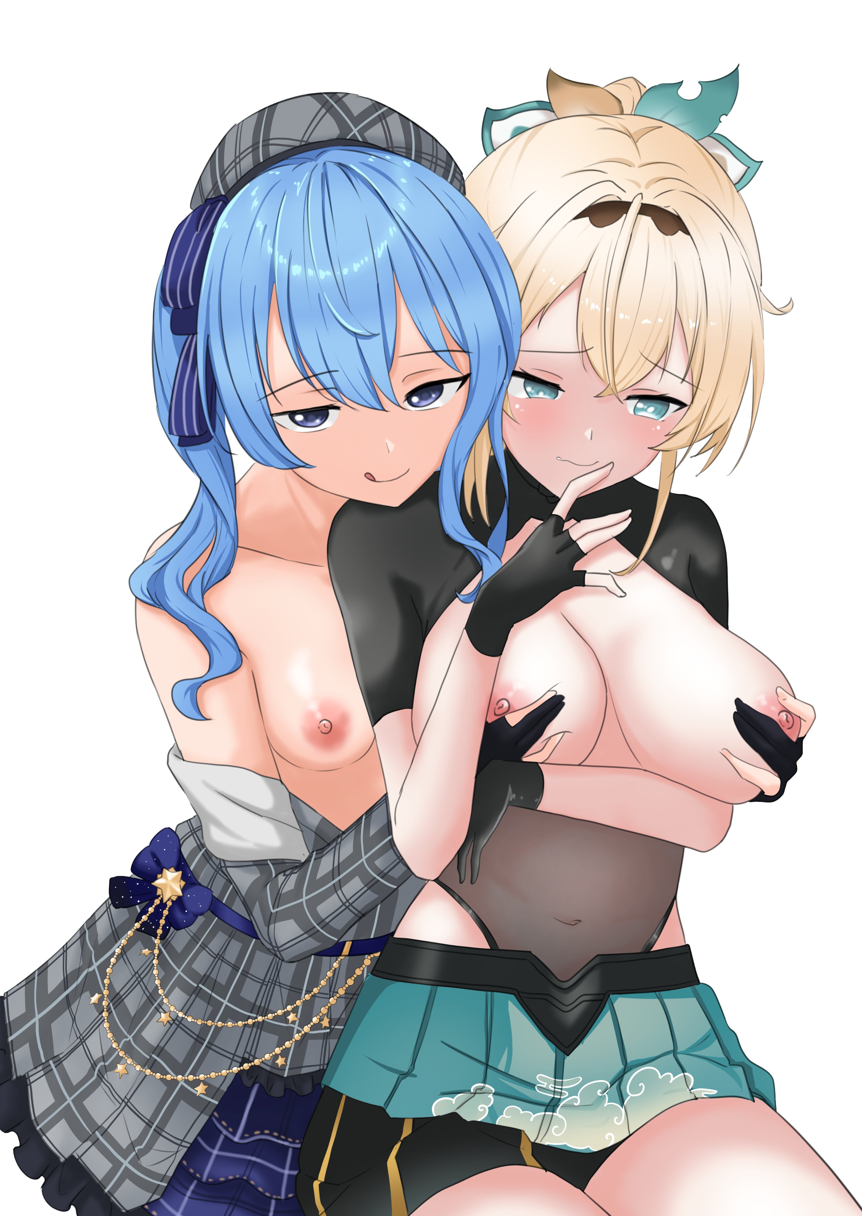 2girls, areolae, blonde hair, blue eyes, blue hair, blush, breasts, dominant female, female, fingerless gloves, fondling, fondling breast, gloves, grabbing from behind, green eyes, hair between eyes, hair ornament, hair ribbon, hat, hololive, hololive gen 0, hololive japan, holox, hopesodesirable, hoshimachi suisei, kazama iroha, large breasts, nervous, nipples, partially clothed, partly clothed, ribbon, shy, sidelocks, small breasts, smile, submissive female, tongue, tongue out, virtual youtuber, vtuber, yuri