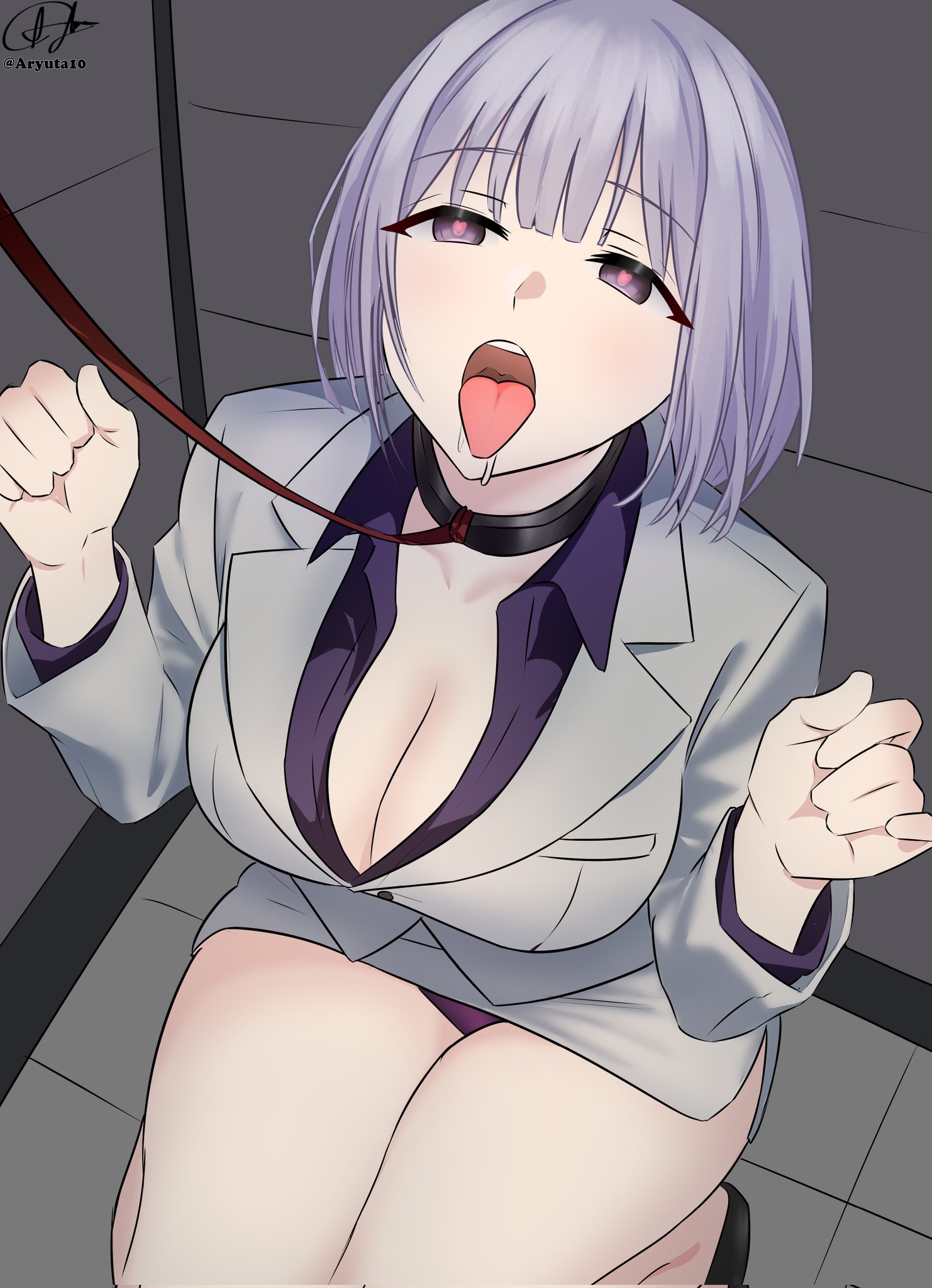 aryuta10, begging pose, dog collar, female, female only, girls' frontline, kneeling, kneeling oral position, leash, leash and collar, looking at partner, paw pose, rpk-16 (girls' frontline), rpk-16 (renate) (girls' frontline), tongue, tongue out, viewer holding leash