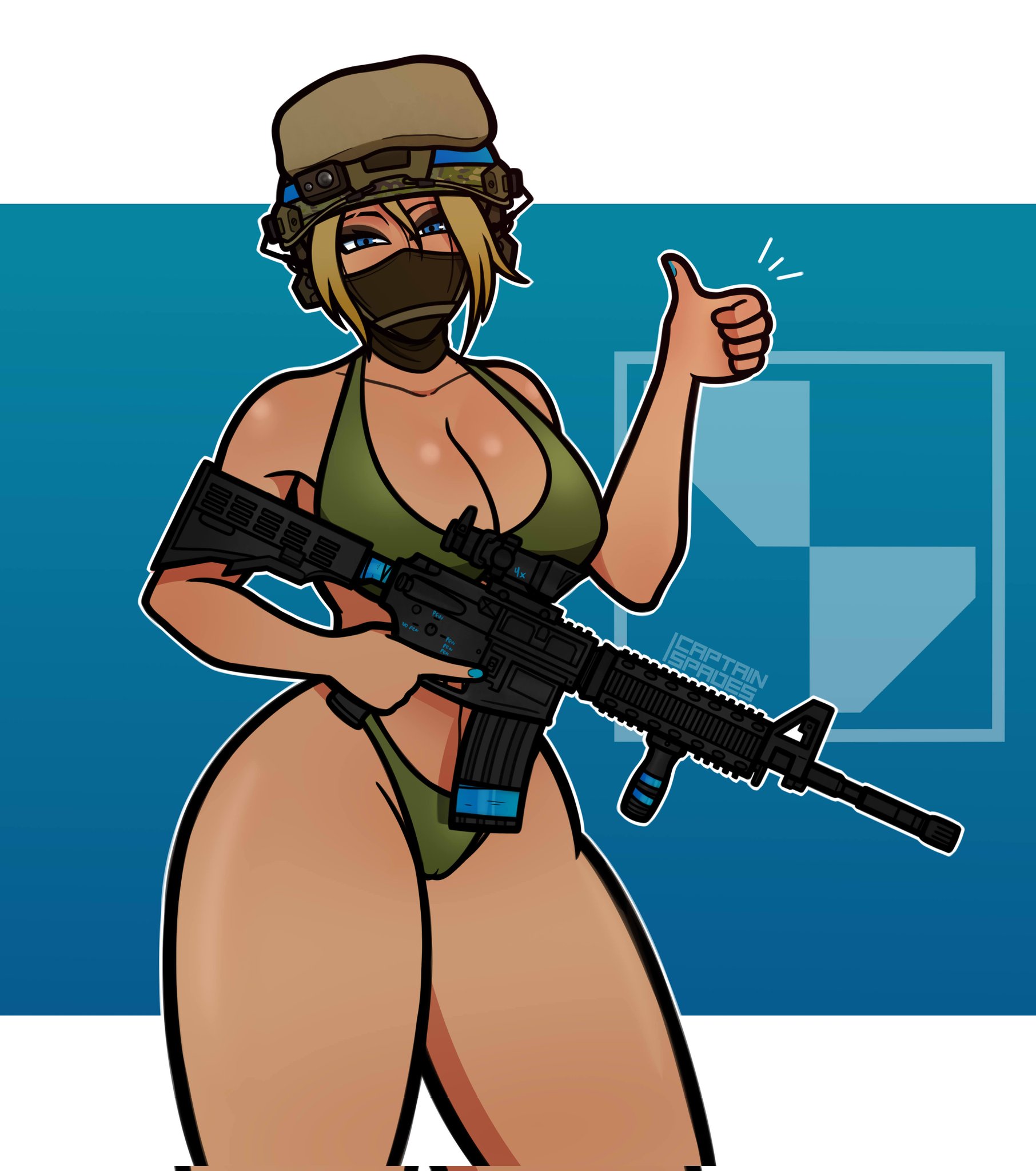 1girls, acog, ass, big ass, blonde hair, blonde-haired female, blue eyes, bra, cameltoe, captainspades, cass (captainspades), female, green bra, half mask, helmet, m4a1, project wingman, pussy, tactical gear, tagme, thick thighs, thumbs up, trijicon