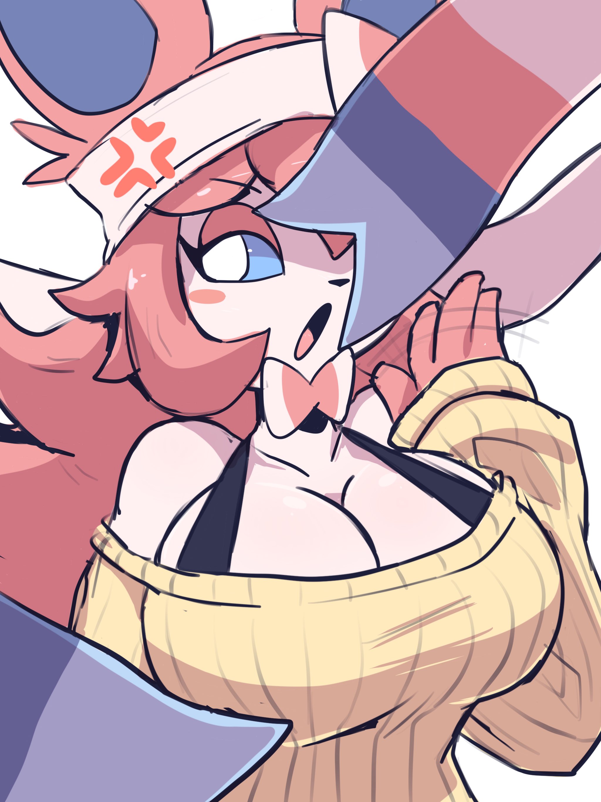 1girls, anthro, anthro only, big breasts, breasts, cleavage, eeveelution, female, furry, huge breasts, oreon smol, pink hair, pokemon, pokemon (species), summer (oreon smol), sweater, sylveon, tagme, thick thighs, wide hips