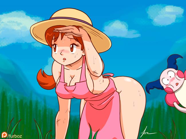 1boy 1girls apron ass being_watched bent_over big_breasts blue_hair blush breasts brown_hair day delia_ketchum_(pokemon) eyelashes furboz grass hat human human_only injury long_hair looking_away milf mother mr._mime naked nintendo open_mouth outdoors pink_skin pokemon ponytail short_hair sideboob sky solo_focus sweat text tied_hair tongue wide_hips