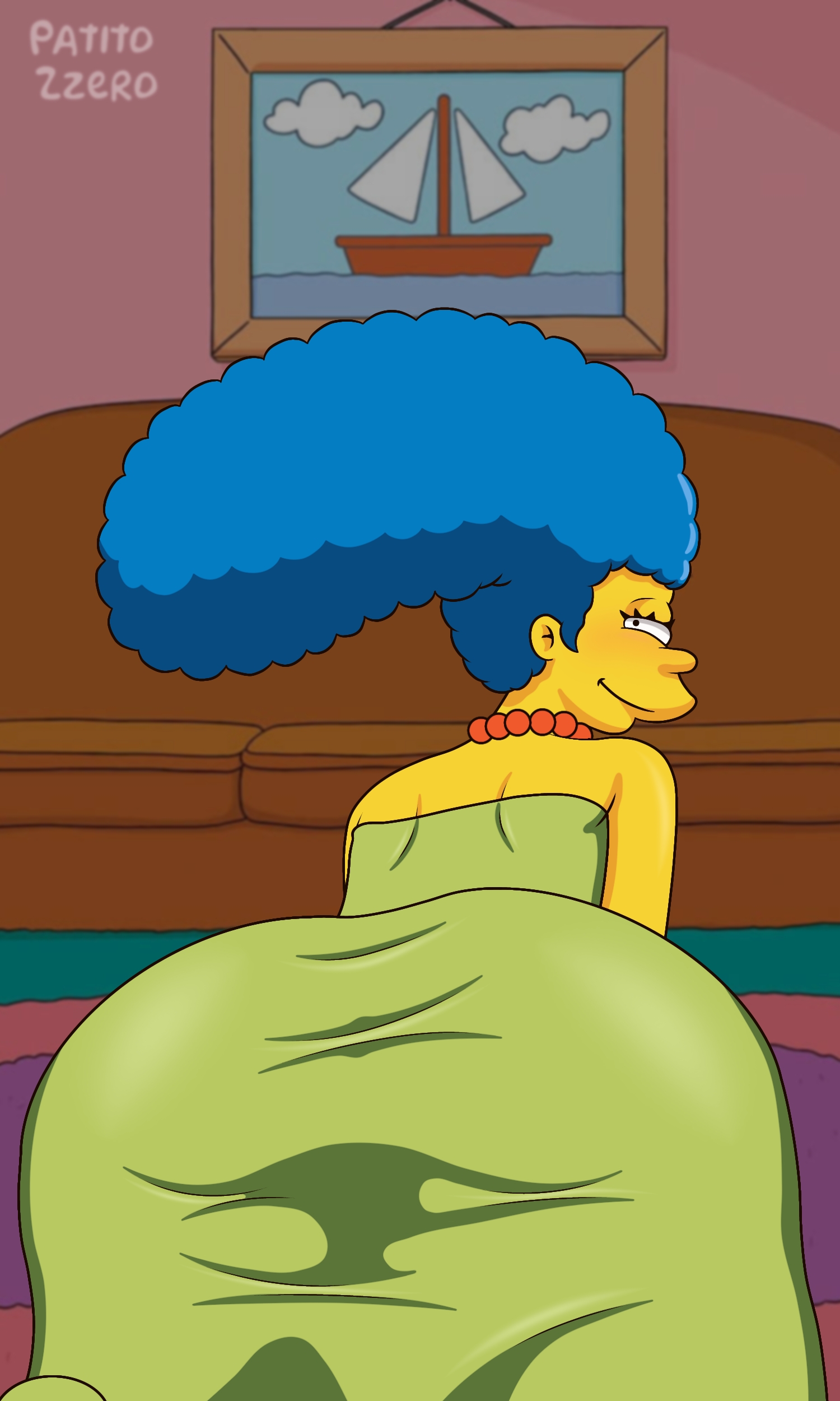 2025, artist name, big ass, blue hair, clothed, clothing, doggy style, fortnite, huge ass, long hair, looking back, looking pleasured, marge simpson, patito zzero, pleasure face, smile, smiling, smiling at viewer, the simpsons, yellow skin