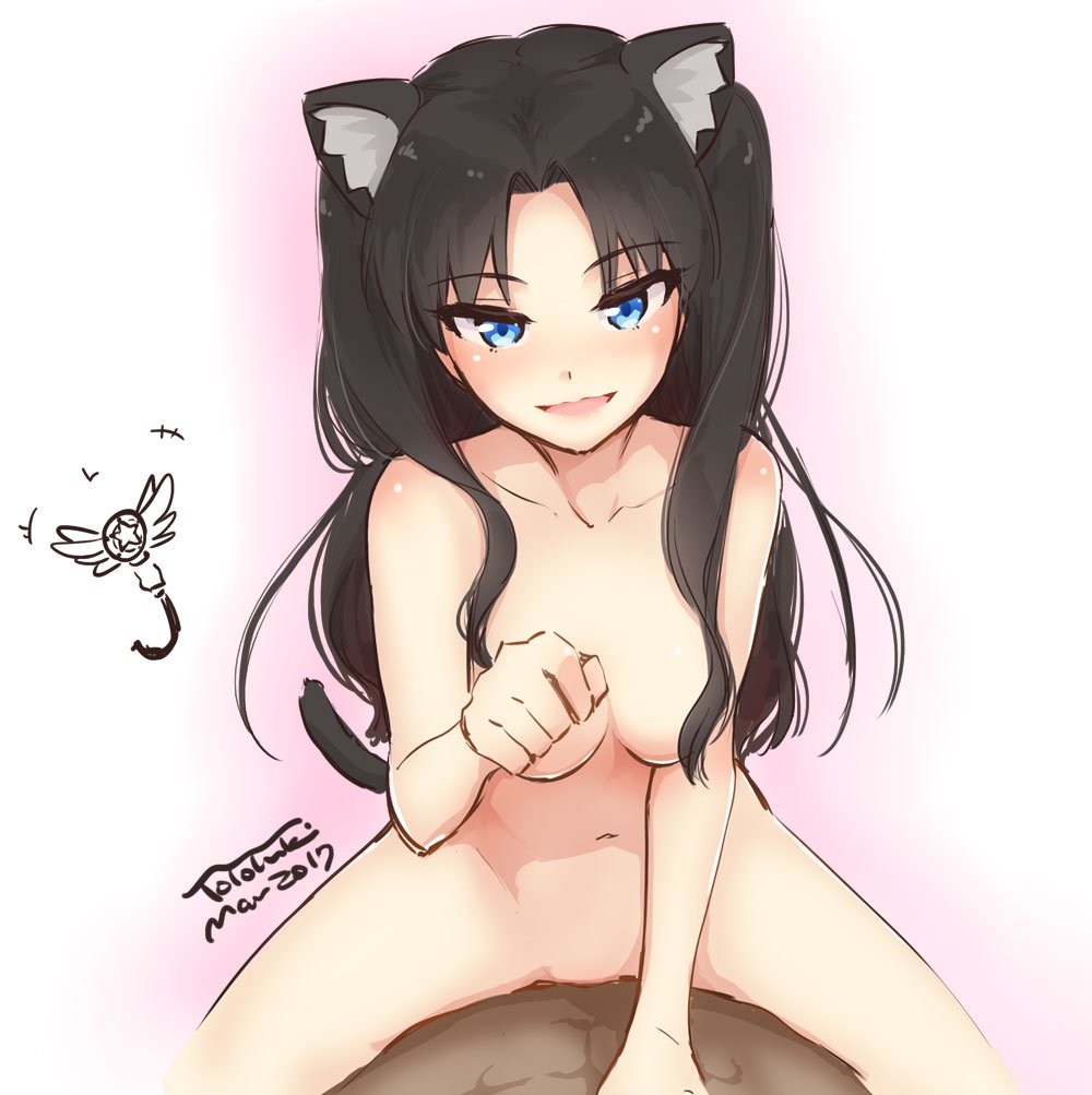 1boy 1girls 2017 animal_ears artist_name bare_chest black_hair breasts cat_ears cat_tail cowgirl_position dark-skinned_male dated fate/stay_night fate_(series) female happy_sex kaleido_ruby long_hair looking_at_viewer male nipples nude paw_pose pov pov_eye_contact riding sex signature simple_background sitting smile spread_legs straddling tail thighs tohsaka_rin toyoyuki tsurime