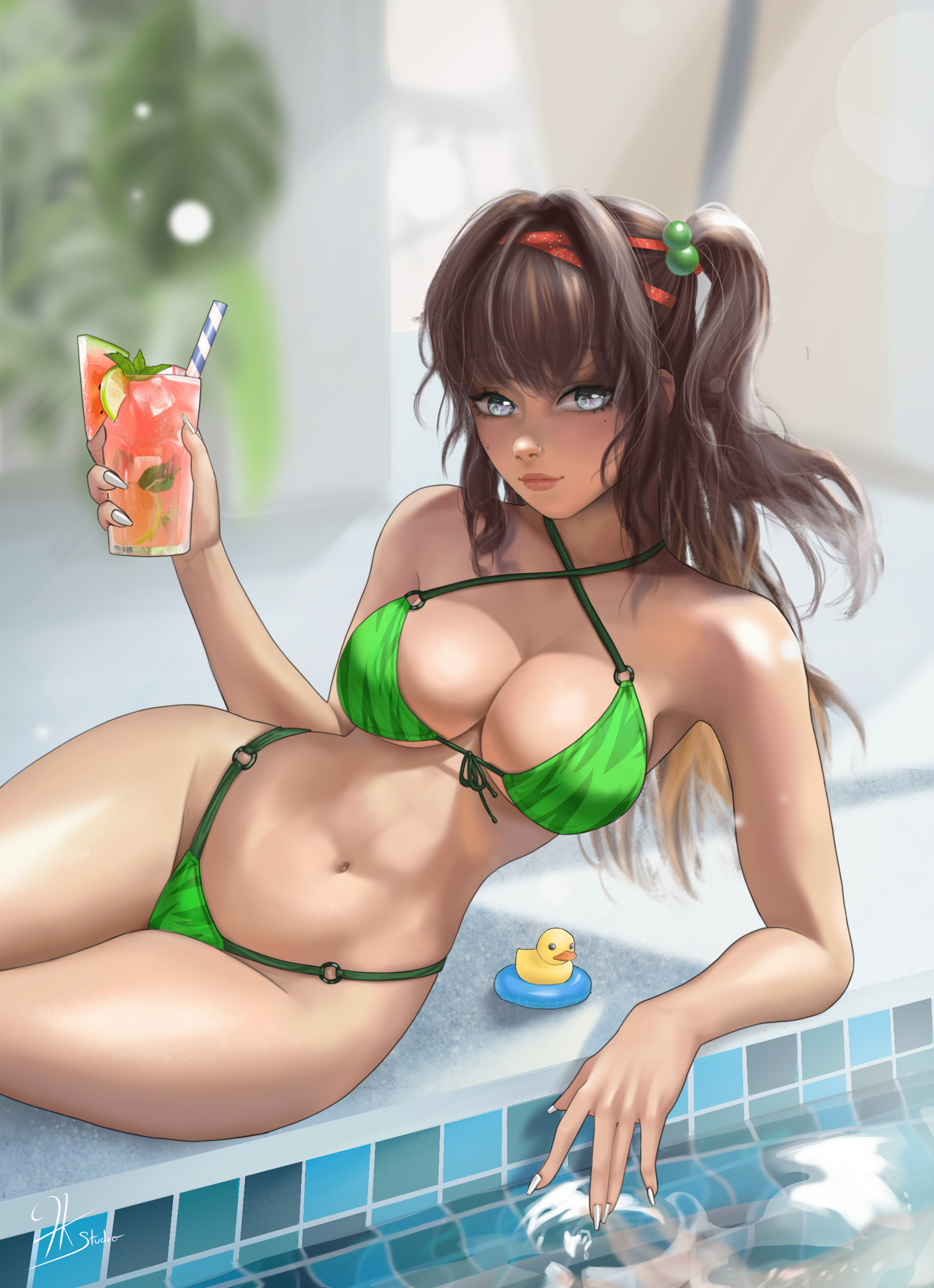 big breasts, bikini, breasts, brown hair, cleavage, female, fkstudio, french kiss studio, green eyes, original character, piercing, pinup, swimsuit, watermelon bikini