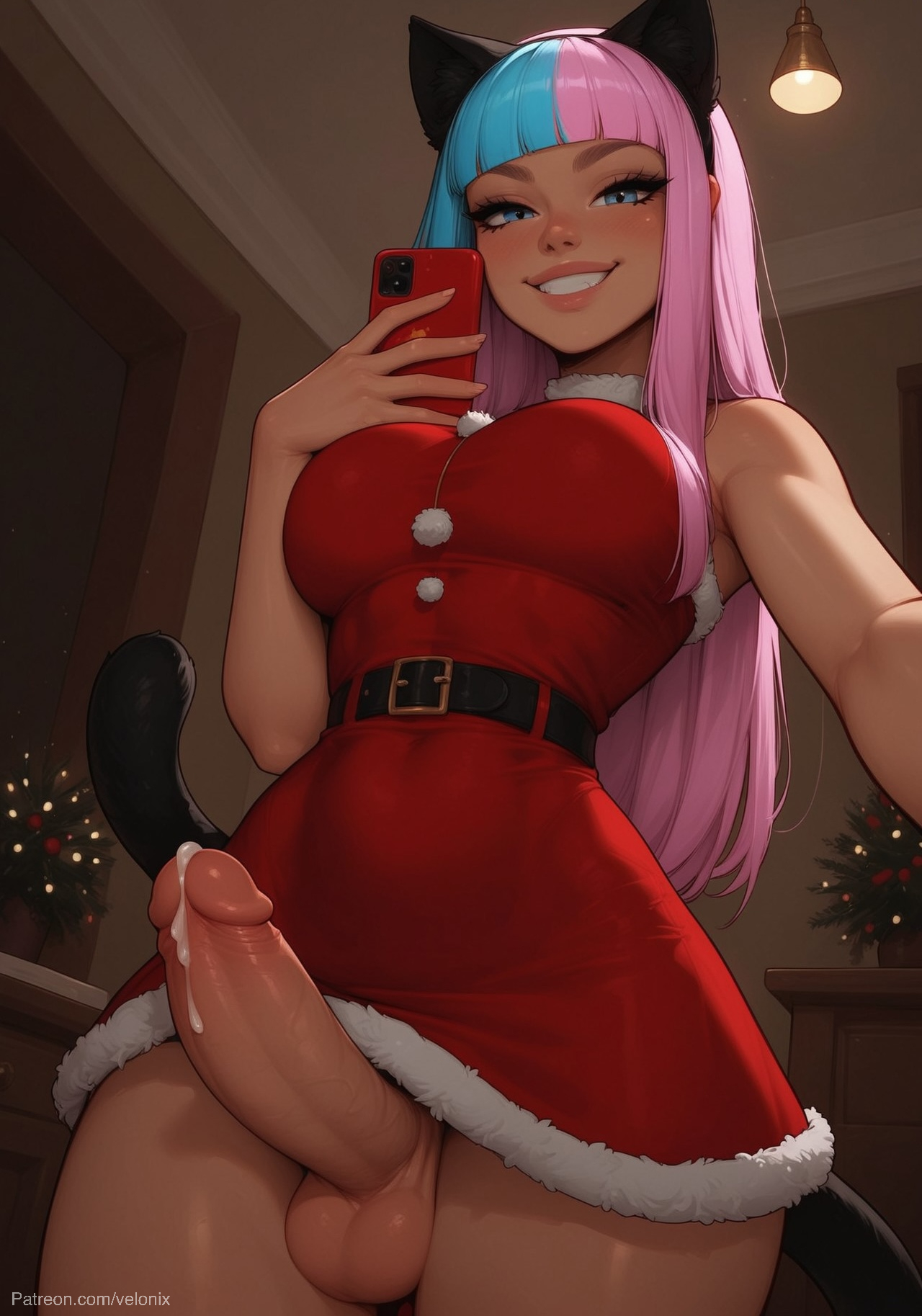 1futa, ai generated, ass, balls, big ass, big breasts, big butt, big hips, big penis, blue eyes, blue hair, breasts, cat ears, cat girl, cat tail, catgirl, cleavage, dick, dickgirl, eyebrows, eyelashes, feline, female, futa only, futanari, grin, grinning, grinning at viewer, hair, hands-free, huge cock, indoors, intersex, koneko dolls, lips, long hair, looking at viewer, makeup, narrow waist, narrowed eyes, nose, penis, pink hair, santa costume, santa hat, seducing, seductive, seductive eyes, seductive gaze, seductive look, seductive mouth, seductive pose, seductive smile, smile, smile at viewer, smiley face, smooth balls, smooth penis, smooth skin, solo, solo dickgirl, solo focus, solo futa, testicles, two-tone hair, velonix