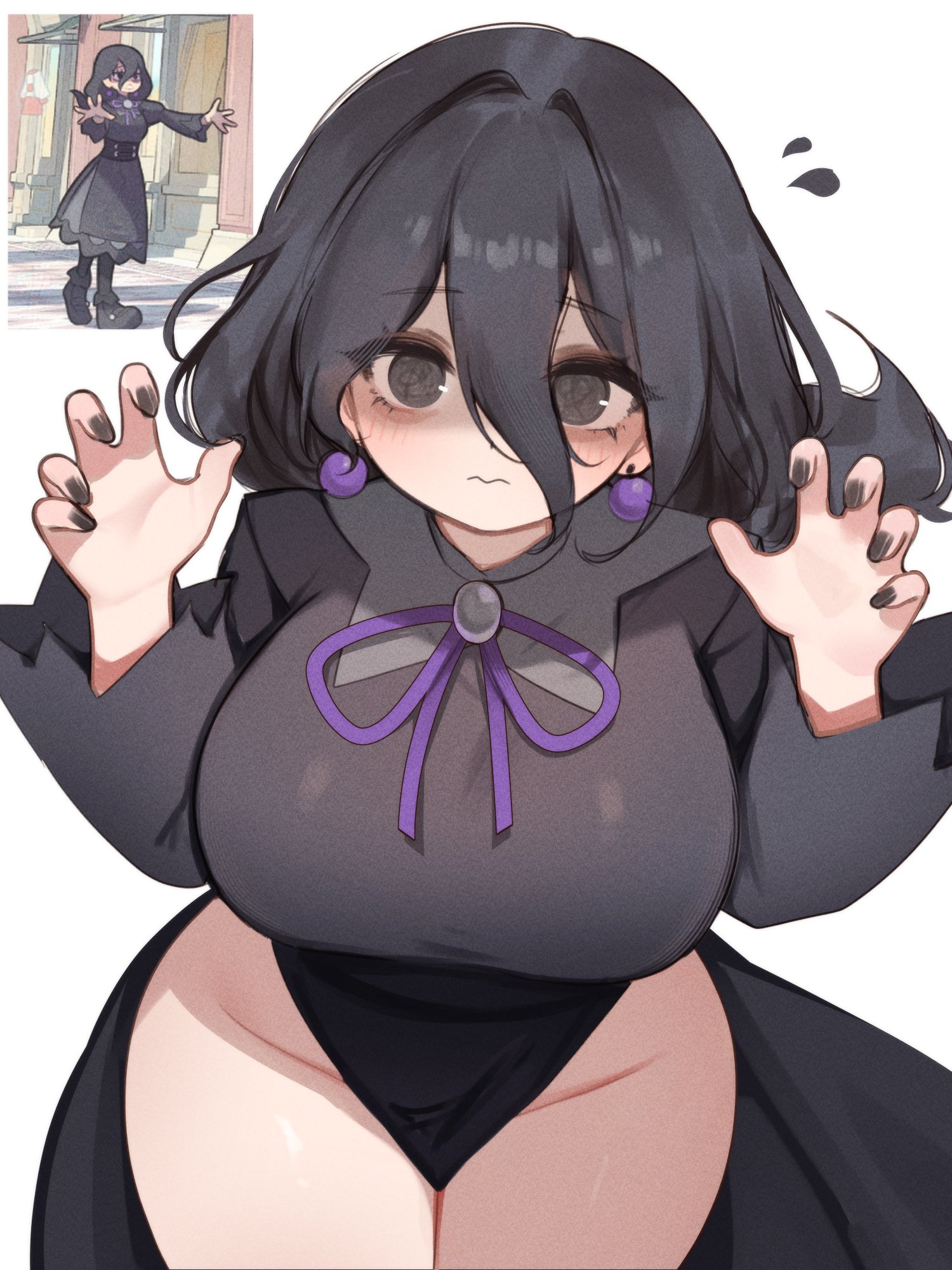 1girls, big breasts, black nails, blush, breasts, brown hair, cleavage, clothed, clothing, creatures (company), cute, female, female focus, female only, game freak, hex maniac, hex maniac (pokemon legends: z-a), hips, long hair, nail polish, nintendo, npc trainer, pokemon, pokemon legends: z-a, skyaboveme, solo, solo focus, thick thighs, thighs, white background, wide hips