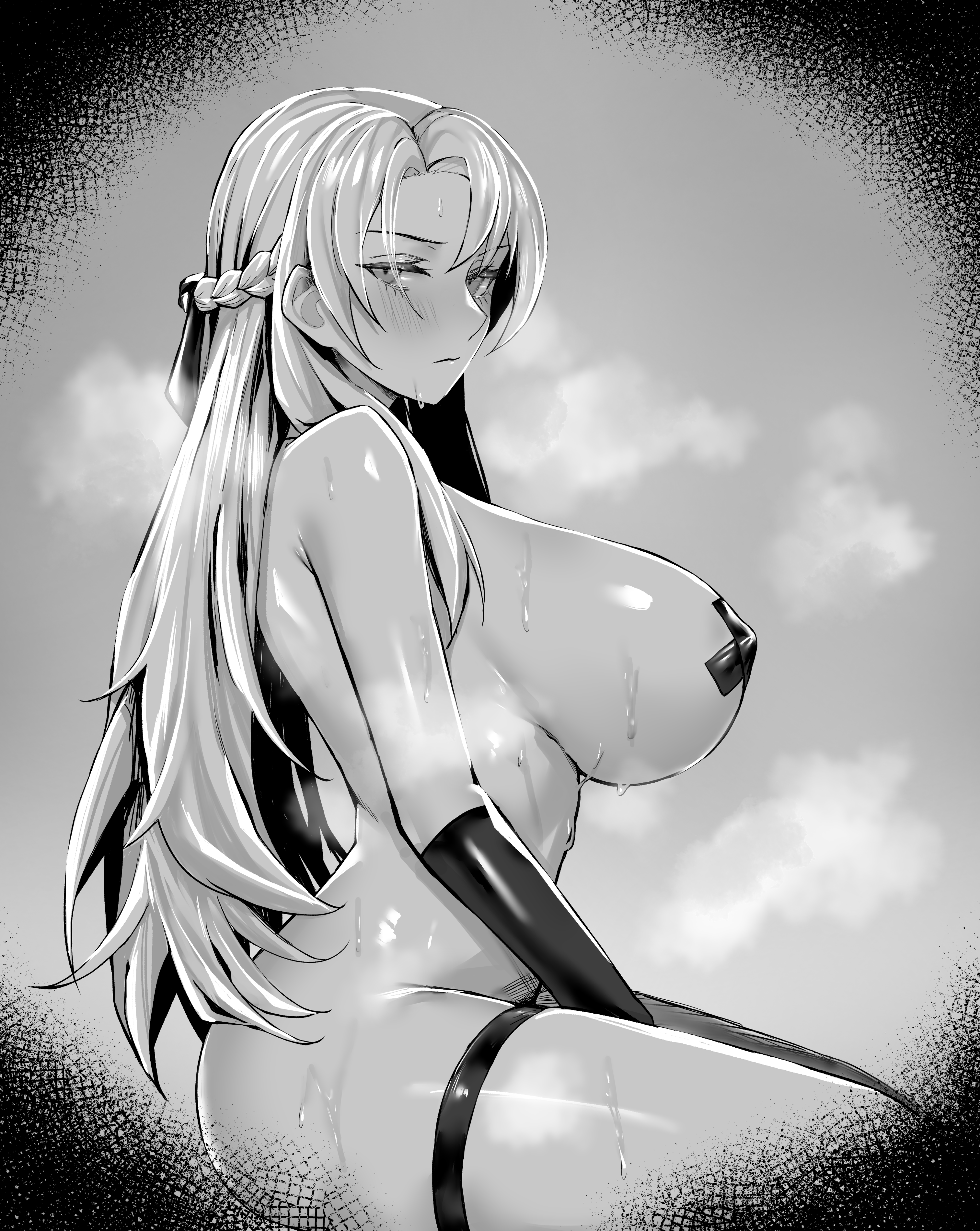 1girls, arm gloves, big breasts, blush, breasts, female, female focus, female only, greyscale, hs mollu, large breasts, long hair, looking at viewer, monochrome, nipple tape, original, original character, pasties, side view, sideboob, solo, steam, sweat, sweating, taped nipples, thick thighs, thigh strap, thighs, uncensored, zoophilia