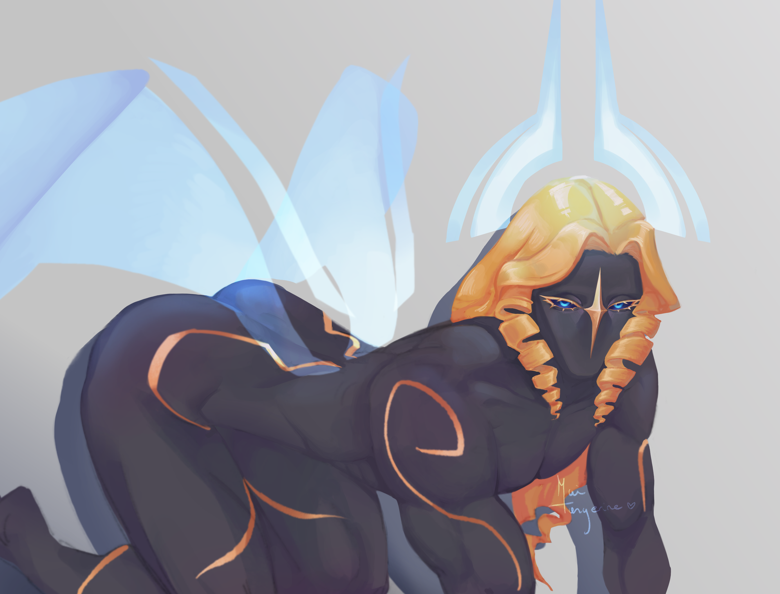 aroused, black body, blue eyes, curly hair, dark sclera, ftm crossgender, gabriel (ultrakill), genderswap, genderswap (ftm), golden hair, golden tattoo, human version, looking at viewer, maitangerine, male, posing, posing for the viewer, rule 63, trans man, ultrakill, wings