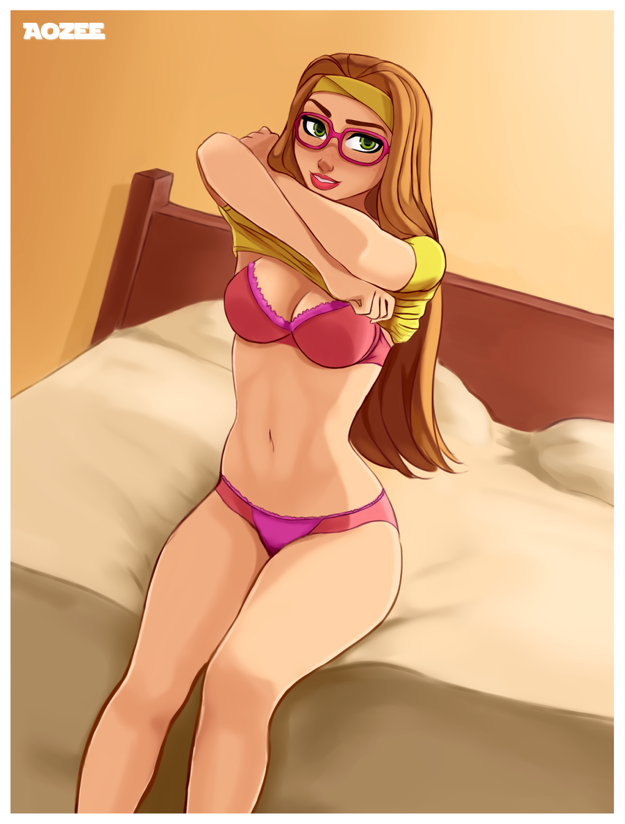 1girls abs aozee bed belly big_hero_6 blonde_hair bra breasts cleavage clothed clothing disney dutch_angle female female_only glasses green_eyes half-closed_eyes honey_lemon human legs_together long_hair looking_at_viewer marvel panties pink_bra pink_panties pink_underwear shirt shirt_lift sitting solo text underwear undressing watermark white_border wide_hips yellow_shirt