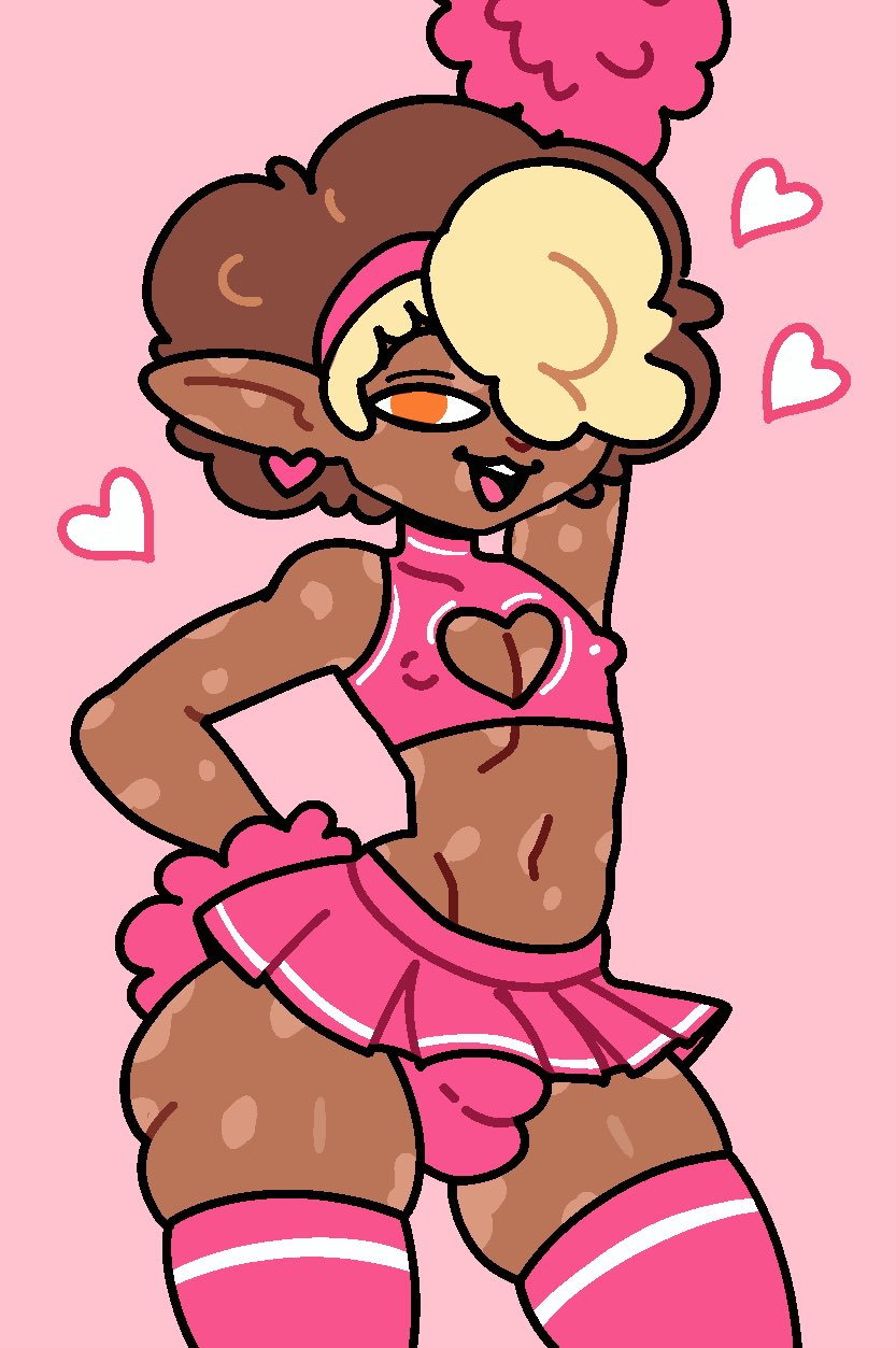 1boy, cheerleader, cheerleader uniform, chest cutout, dark skin, dark-skinned femboy, dark-skinned male, dark-skinned sissy, femboy, feminine body, feminine male, feminine pose, gay, male, pointy ears, pompoms, skirt, toonatti, yaoi