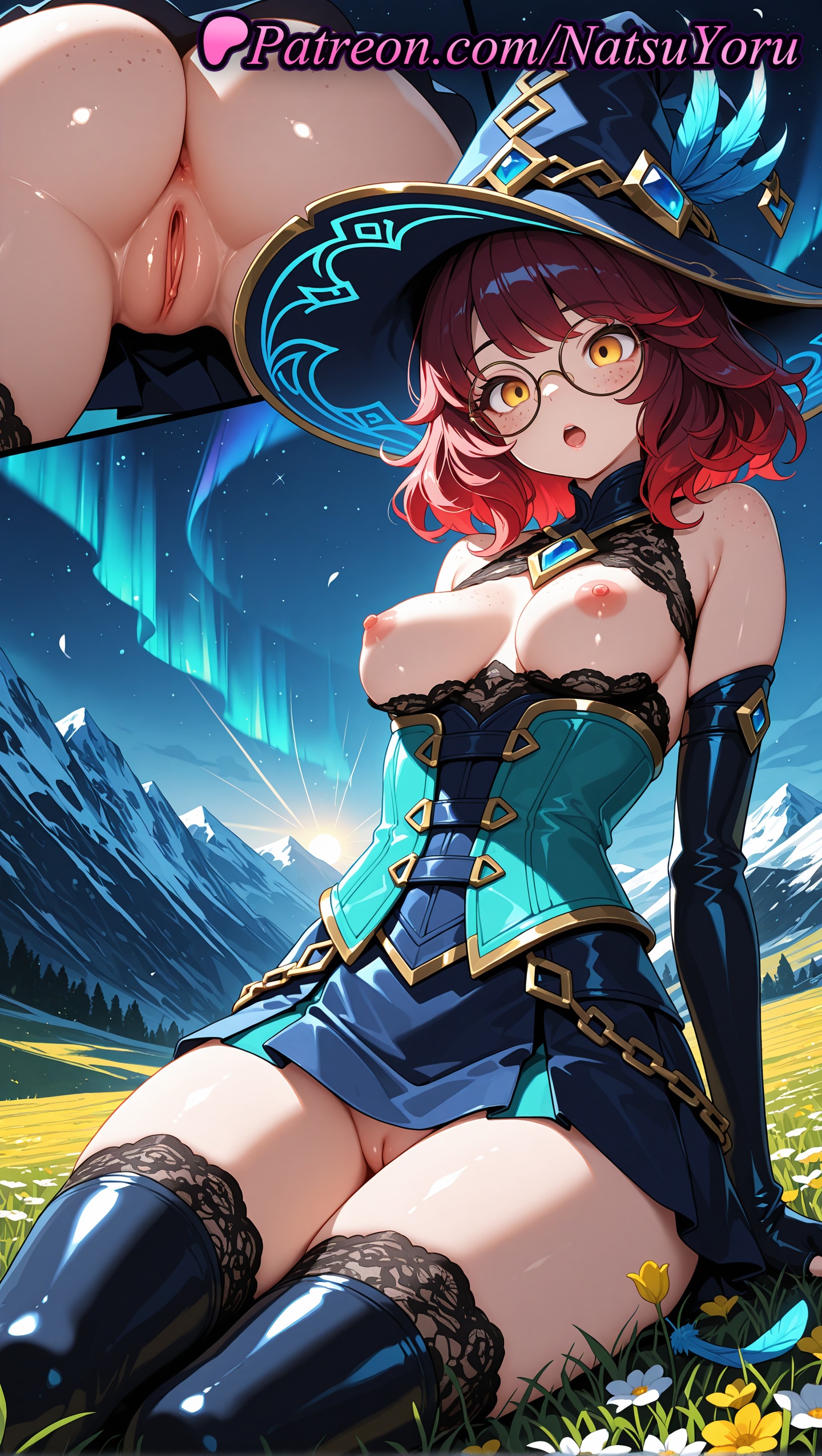 1girls, 2025, ai assisted, ai generated, anime, anime style, anus, arm support, ass, asshole, aurora, aurora (league of legends), bangs, bare shoulders, black gloves, black headwear, black legwear, black thighhighs, blue dress, blue headwear, blue skirt, blush, breasts, breasts out, bust, busty, chains, corset, detached sleeves, dress, elbow gloves, female, female focus, female only, fingerless gloves, flower, freckles, glasses, gloves, gradient hair, grass, hat, hat feather, hi res, high quality, high resolution, highres, labia, labia majora, lace trim, lace-trimmed legwear, large breasts, league of legends, league of legends: wild rift, lips, looking at viewer, medium breasts, medium hair, megane, miniskirt, mountain, mountainous horizon, multicolored hair, multiple views, natsuyoru, night, nipples, nipples outside, no panties, non-asian, on ground, open mouth, orange eyes, outdoors, patreon, petite, pussy, red hair, riot games, round eyewear, shiny, shiny skin, short hair, sitting, skirt, sky, solo, solo female, stable diffusion, teeth, thighhighs, thighs, uncensored, uncensored nipples, underbust, upskirt, vagina, voluptuous, voluptuous female, white flower, witch hat, yellow eyes, yellow flower