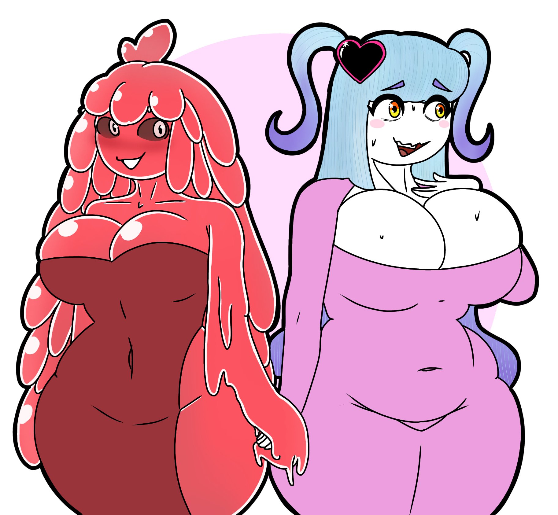 2girls, acubedpersonoid, big breasts, breasts, cyan hair, dark red dress, date, female, female focus, female only, heart hair ornament, holding hands, lobotomy corporation, long hair, magical girl, melting love, multicolored hair, nervous smile, pink dress, project moon, queen of hatred, red hair, slime girl, slimy, thicc, thick, thick thighs, twintails
