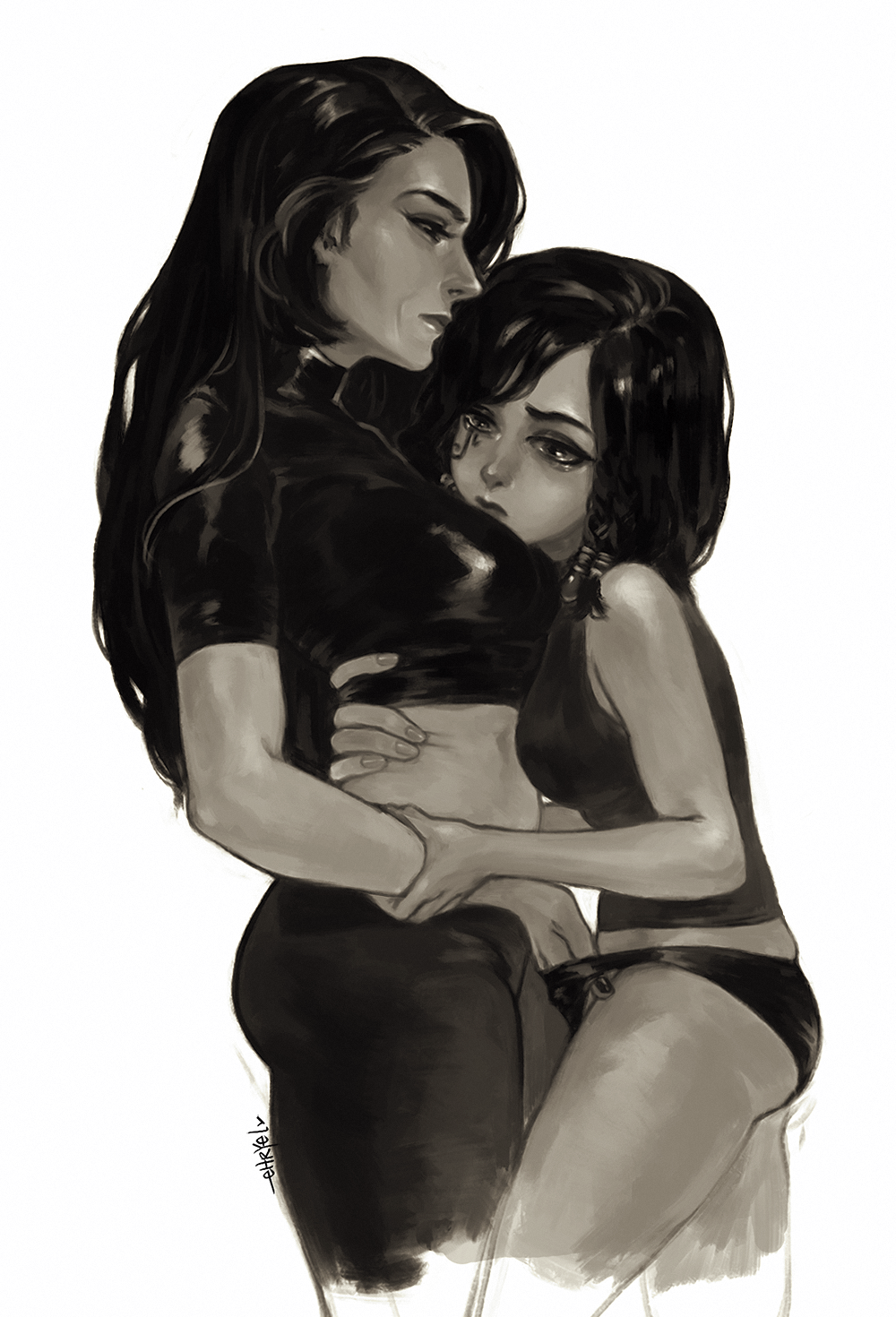 2d 2girls age_difference ana_amari arm_around_waist blizzard_entertainment braid breasts crop_top dark_skin ehryel eye_of_horus eyebrows eyeshadow facial_tattoo female female_only fingering greyscale hand_in_panties height_difference highres incest long_hair makeup medium_breasts midriff monochrome mother_and_daughter multiple_girls overwatch panties petite pharah sci-fi science_fiction scifi side_braid small_breasts source_request tank_top tattoo thighs tied_hair underwear white_background wrist_grab younger yuri