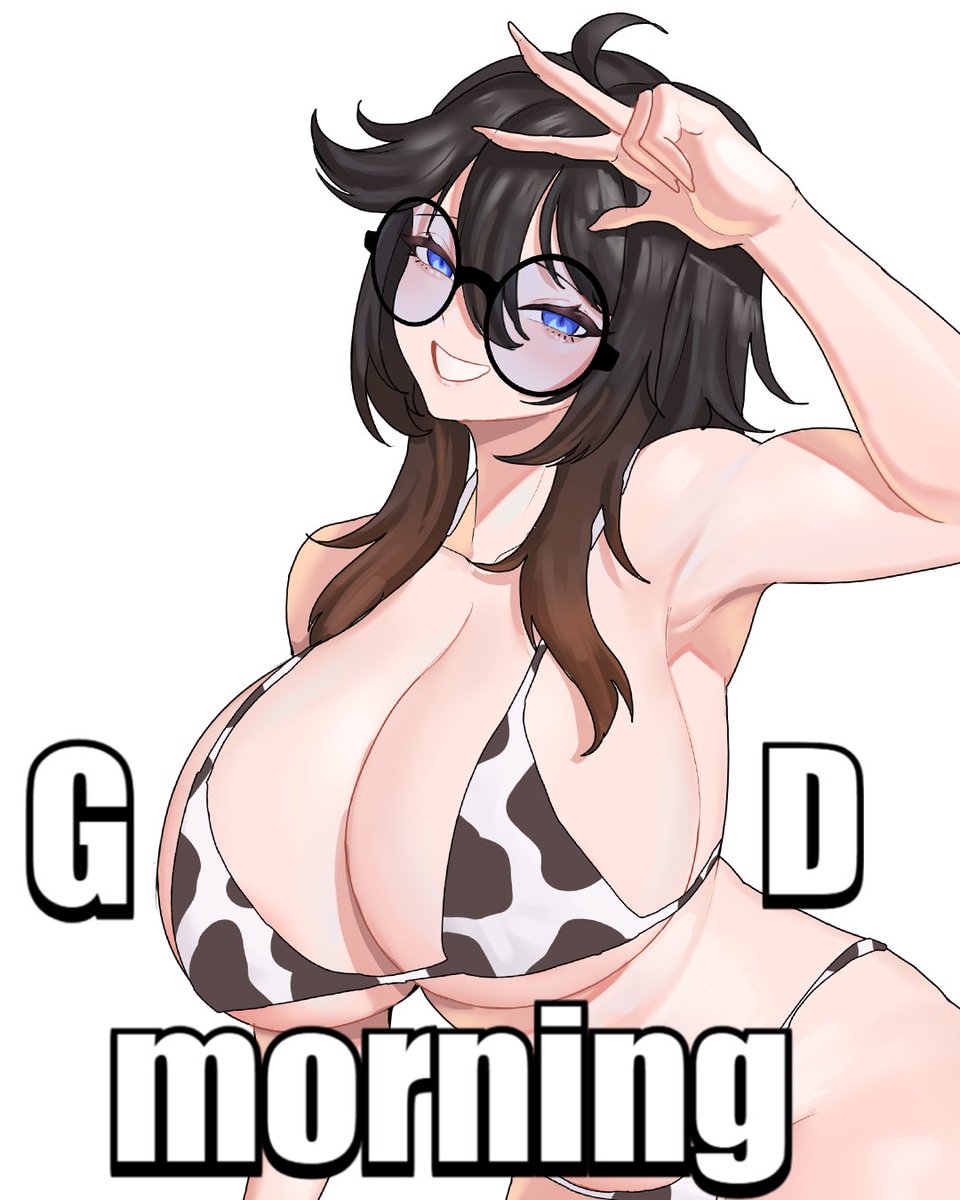 black hair, blue eyes, cow girl, cow print bikini, glasses, huge breasts, indie virtual youtuber, kasizil, large ass, large breasts, meme, peace sign, round ass, short hair, smile, vtuber, white thong