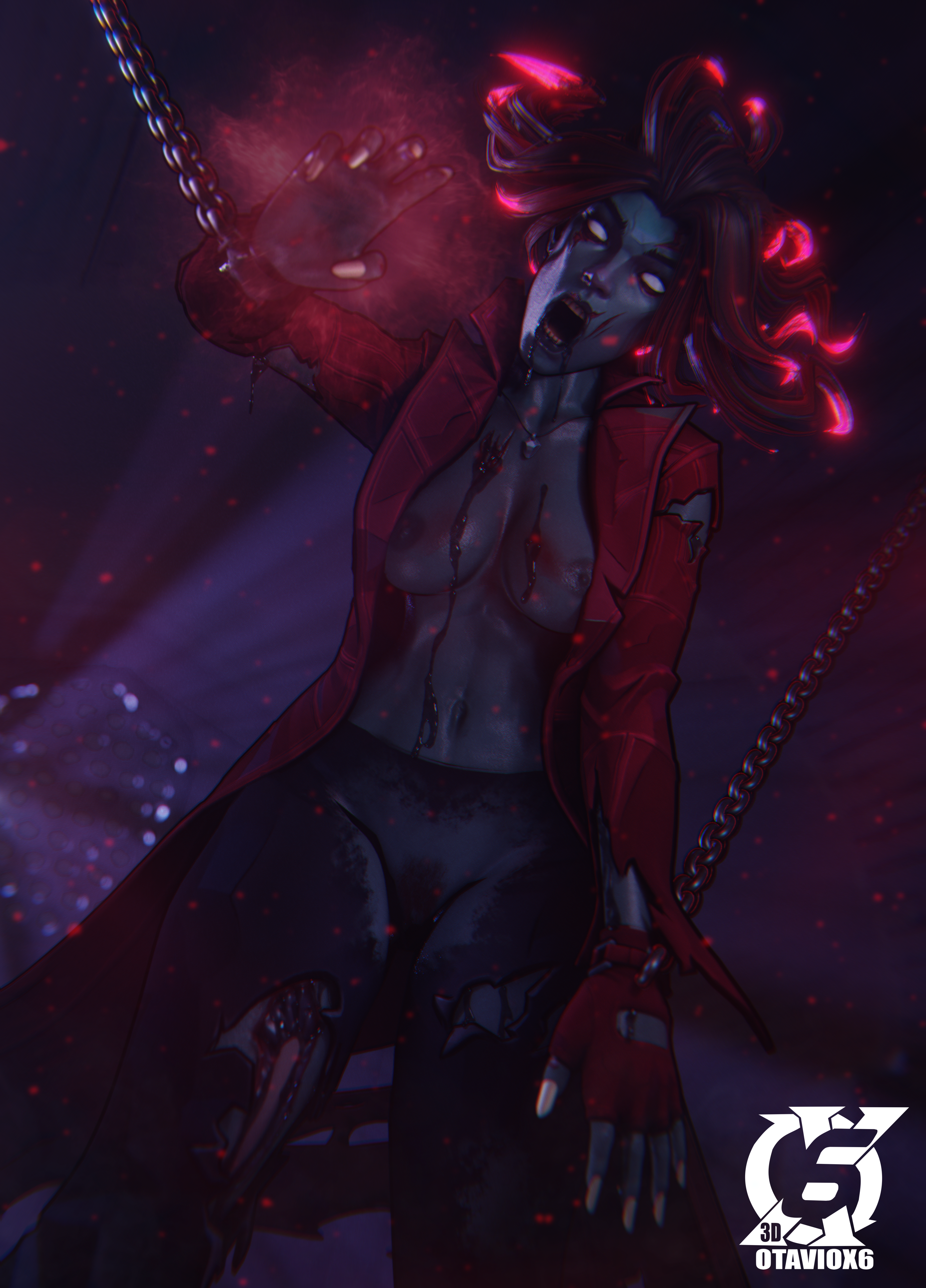 3d, breasts, breasts out, chains, female, green skin, looking at viewer, magic, marvel, marvel comics, marvel rivals, marvel zombies, nipples, open mouth, otaviox6, queen of the dead (marvel rivals), scarlet witch, scarlet witch (marvel rivals), solo, solo female, wanda maximoff, white eyes, wounded, zombie, zombie girl