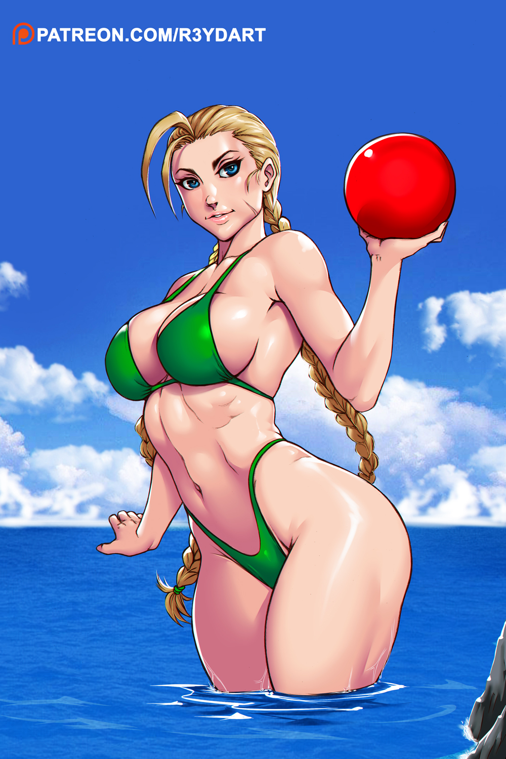 1girls bikini blonde_hair blue_eyes braid cammy_white female female_only long_hair r3ydart scar smile solo street_fighter swimsuit thong thong_bikini