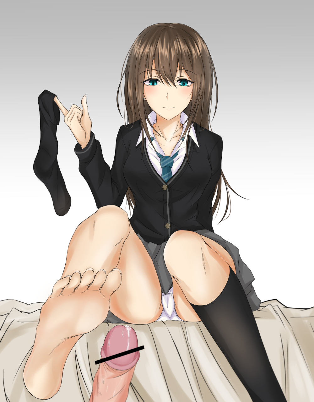 blush breasts brown_hair collarbone feet femdom green_eyes highres idolmaster idolmaster_cinderella_girls legs long_hair necktie panties pantyshot penis piro_(iiiiiiiiii) school_uniform shibuya_rin shirt skirt socks soles toes underwear