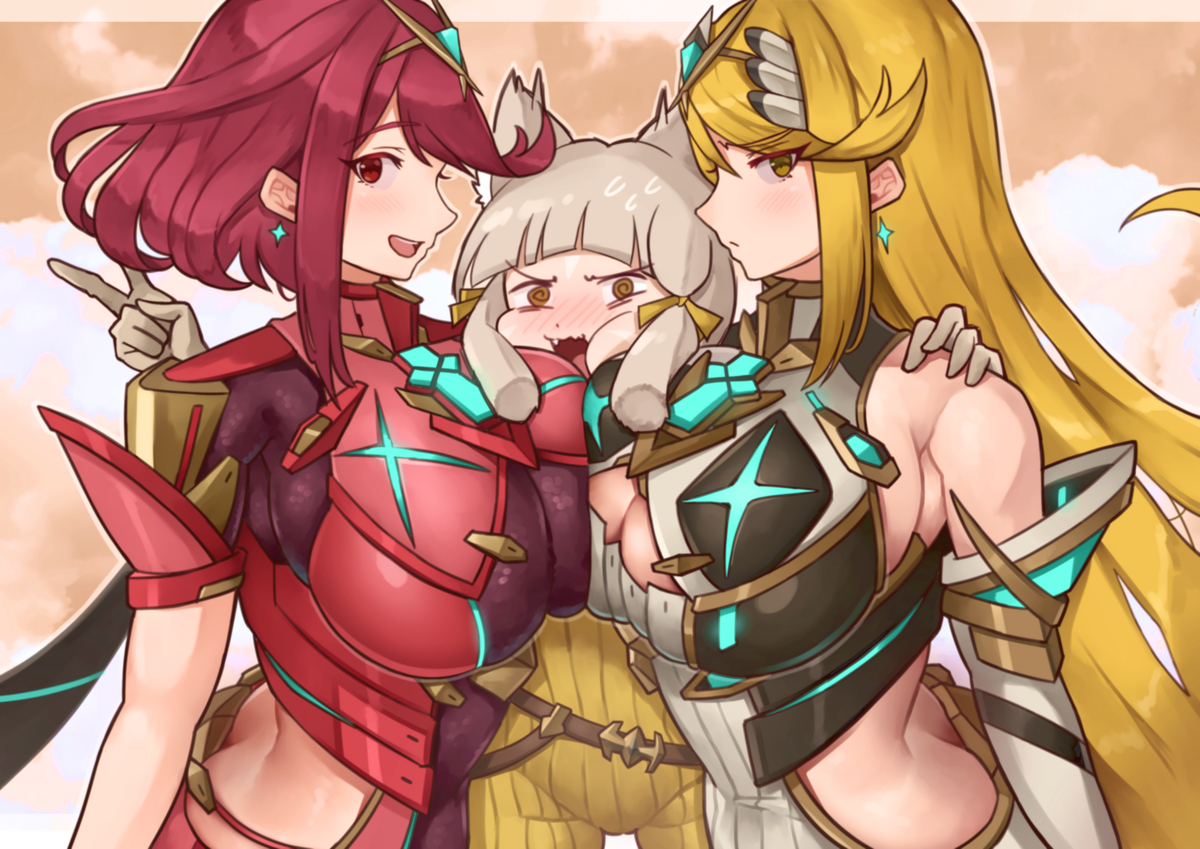 @ @, 3girls, breasts, core crystal, crushed by breasts, female, large breasts, looking at viewer, mythra, nia, oniisan02b, pyra, symmetrical docking, xenoblade (series), xenoblade chronicles 2, yotsuhauni, yuri